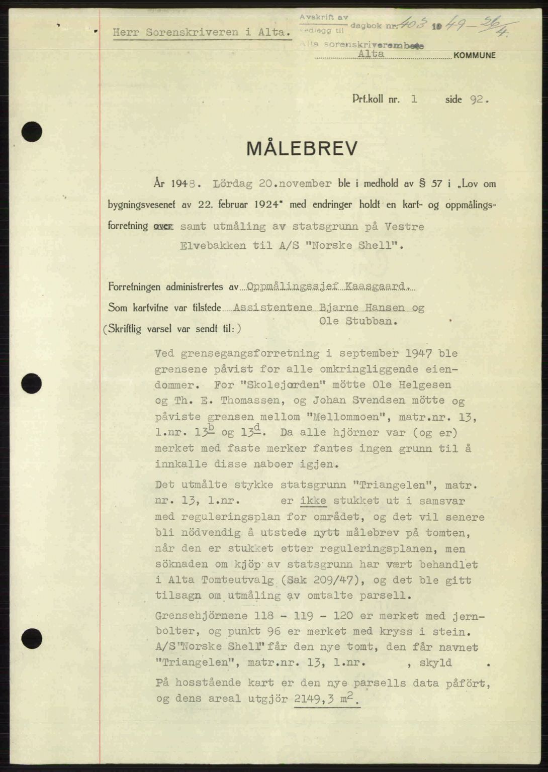 Alta fogderi/sorenskriveri, SATØ/SATØ-5/1/K/Kd/L0037pantebok: Pantebok nr. 39-40, 1948-1949, Dagboknr: 403/1949