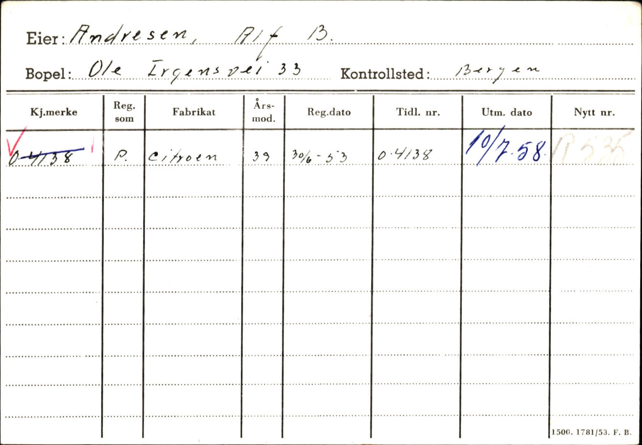 Statens vegvesen, Hordaland vegkontor, AV/SAB-A-5201/2/Hb/L0002: O-eierkort A-B, 1920-1971, s. 9