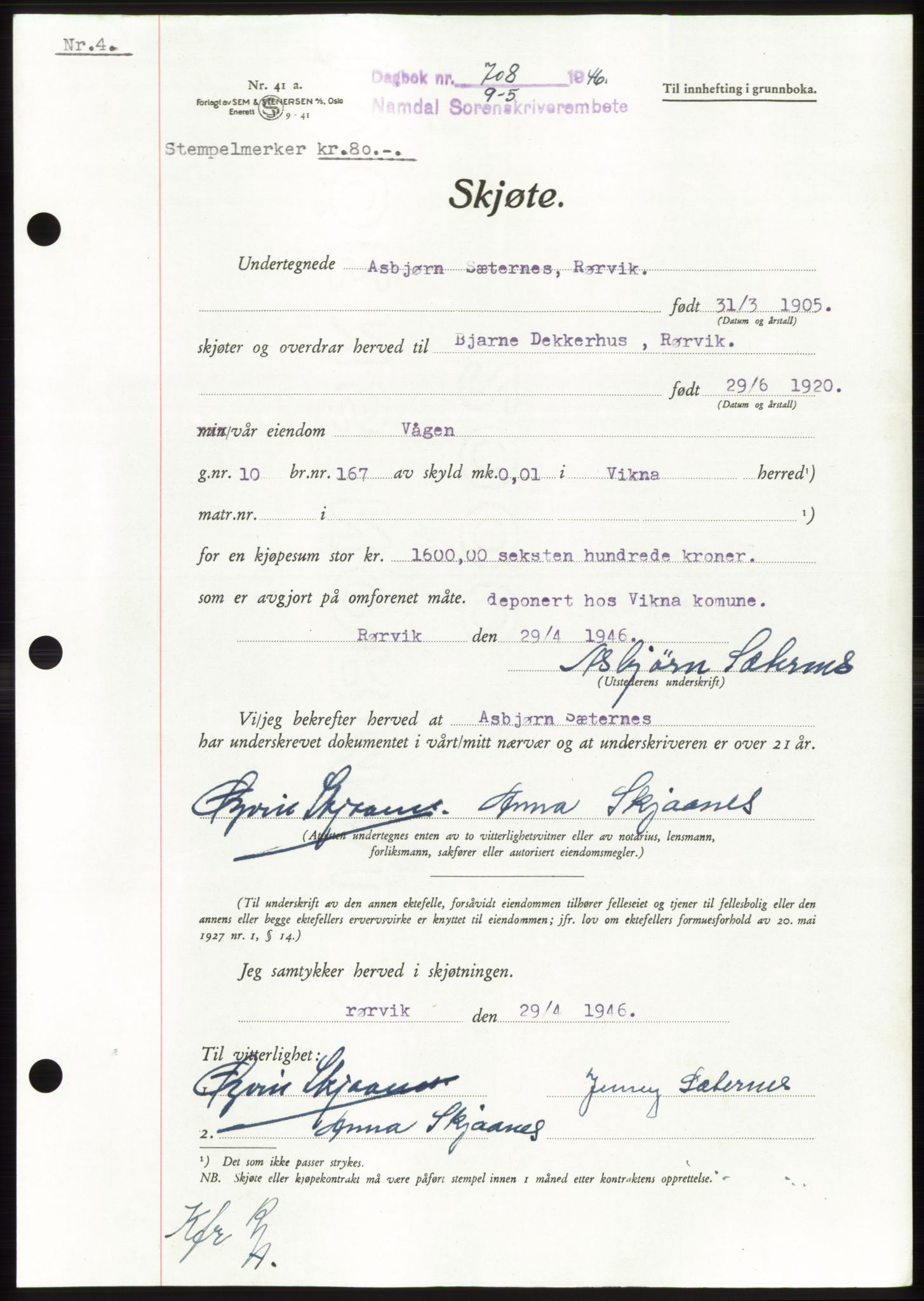 Namdal sorenskriveri, SAT/A-4133/1/2/2C: Pantebok nr. -, 1946-1946, Dagboknr: 708/1946