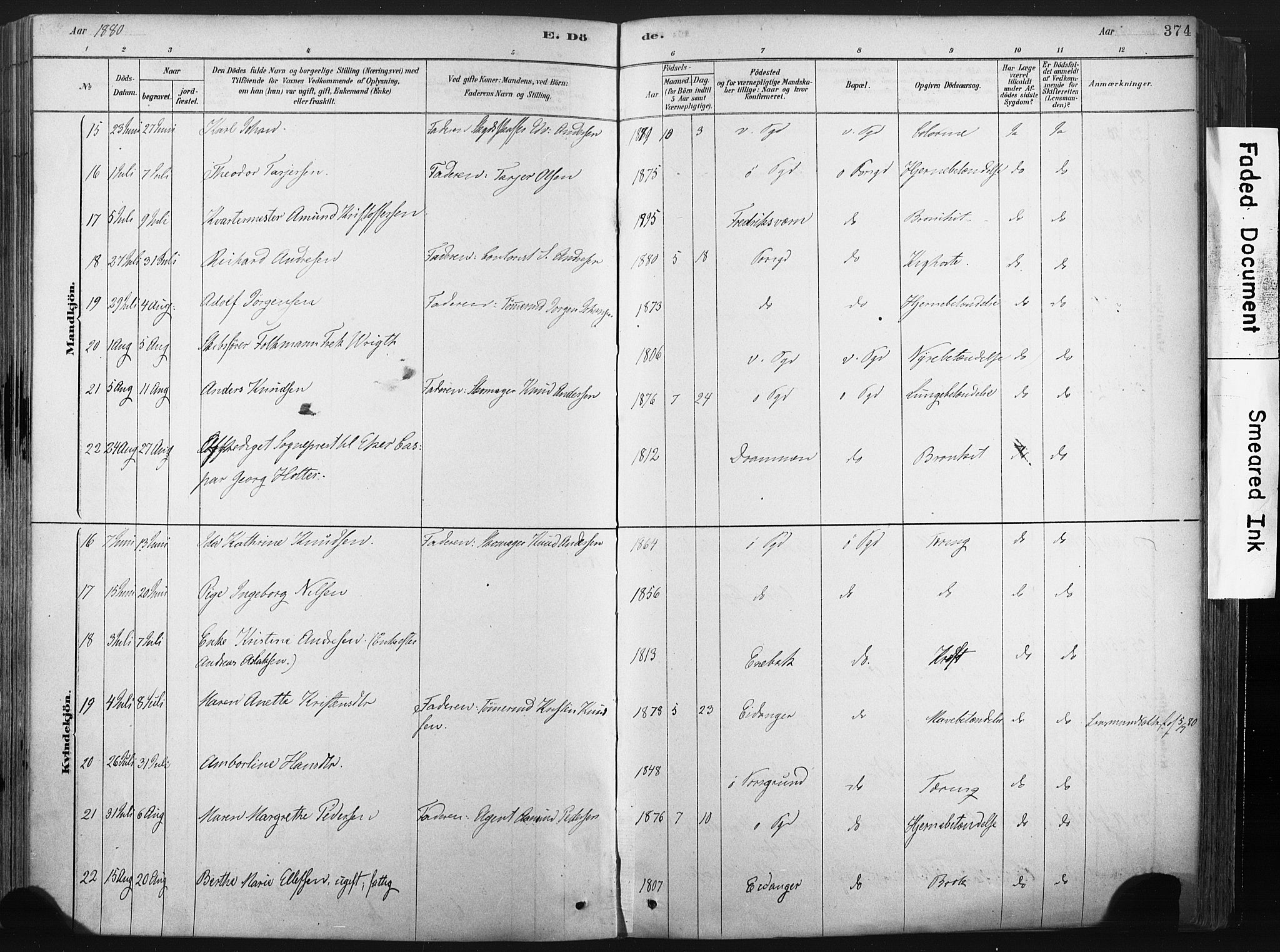 Porsgrunn kirkebøker , AV/SAKO-A-104/F/Fa/L0008: Ministerialbok nr. 8, 1878-1895, s. 374