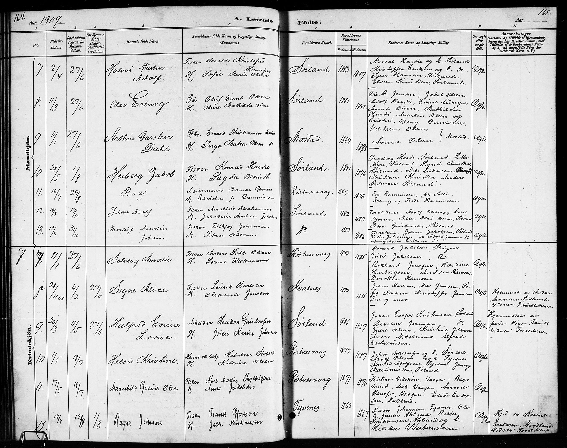 Ministerialprotokoller, klokkerbøker og fødselsregistre - Nordland, AV/SAT-A-1459/807/L0123: Klokkerbok nr. 807C01, 1884-1910, s. 164-165