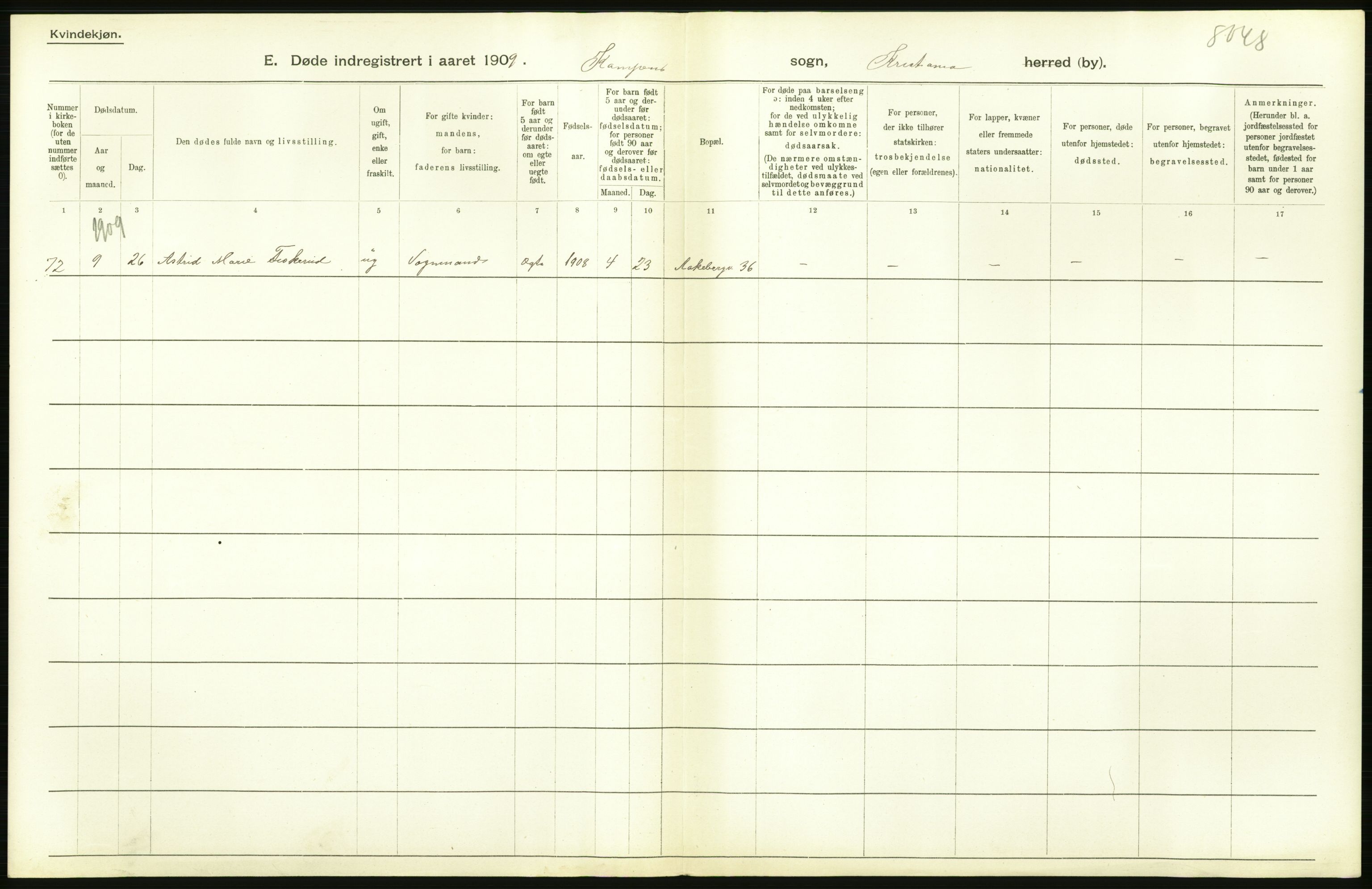 Statistisk sentralbyrå, Sosiodemografiske emner, Befolkning, AV/RA-S-2228/D/Df/Dfa/Dfag/L0010: Kristiania: Døde, dødfødte., 1909, s. 48