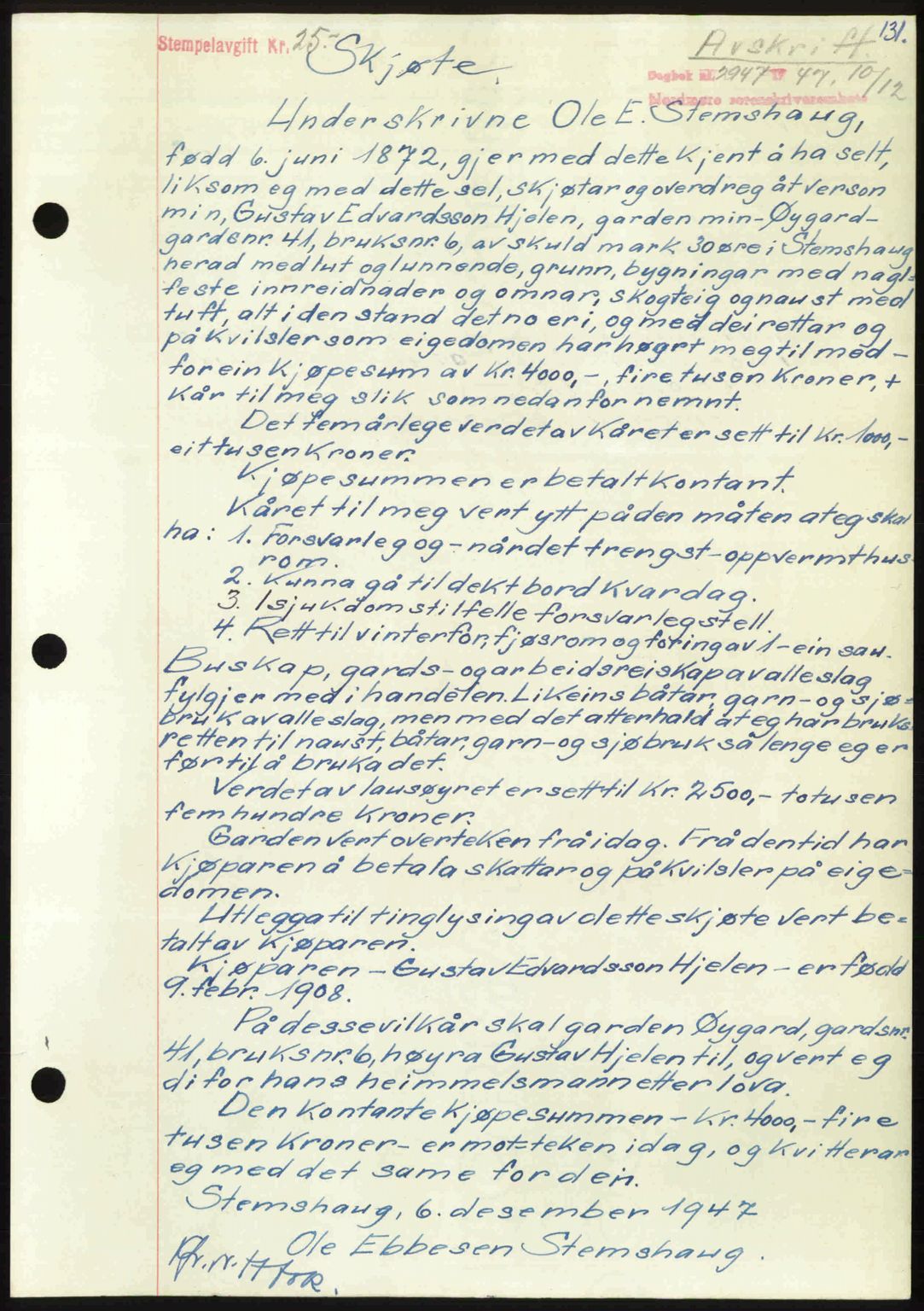 Nordmøre sorenskriveri, SAT/A-4132/1/2/2Ca: Pantebok nr. A107, 1947-1948, Dagboknr: 2947/1947