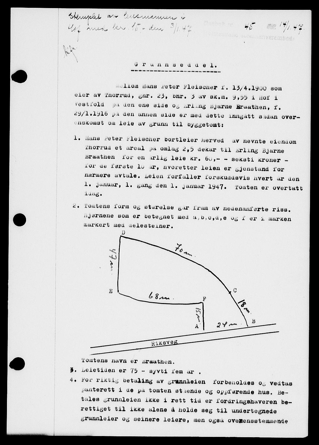 Holmestrand sorenskriveri, SAKO/A-67/G/Ga/Gaa/L0061: Pantebok nr. A-61, 1946-1947, Dagboknr: 45/1947