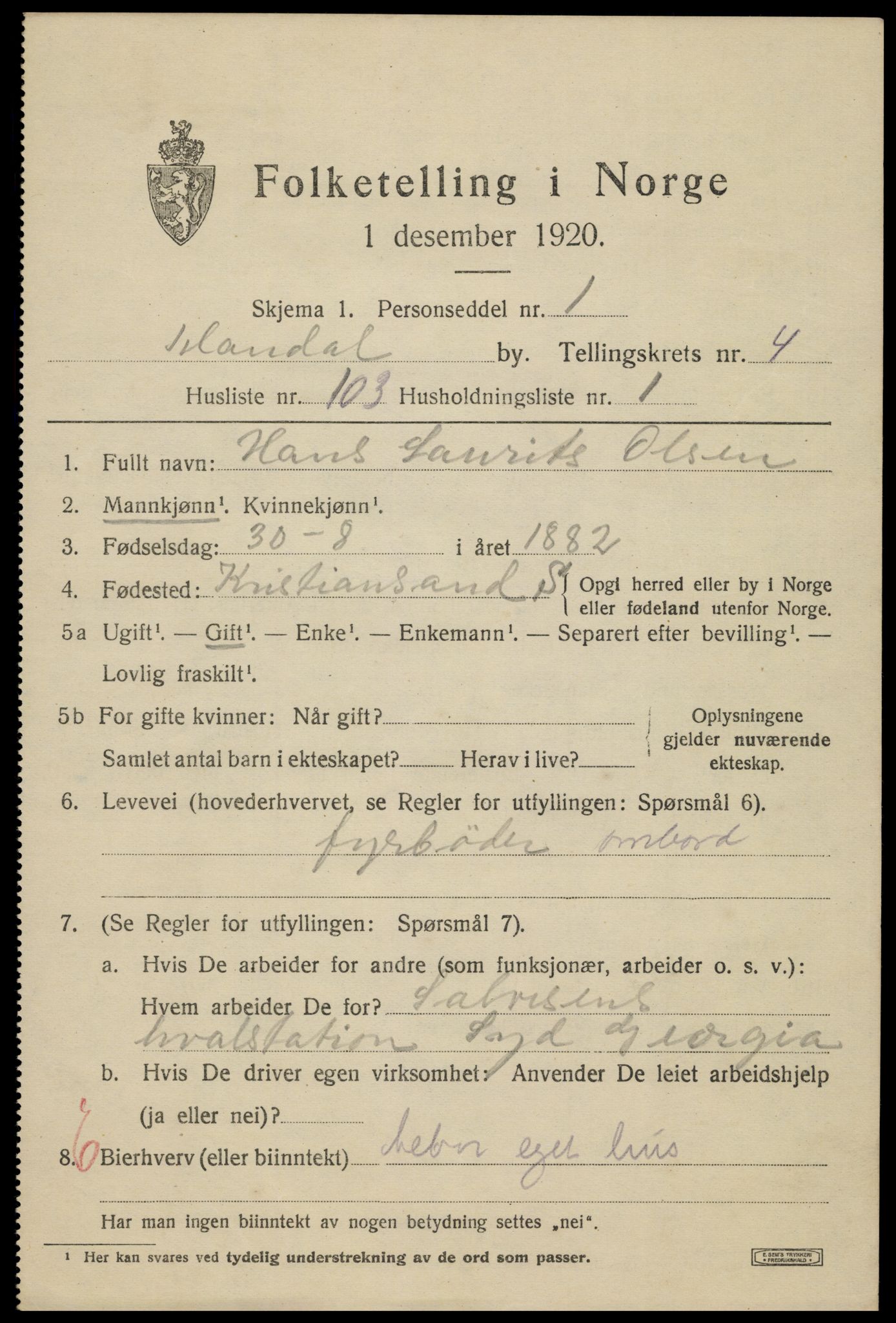 SAK, Folketelling 1920 for 1002 Mandal ladested, 1920, s. 8131