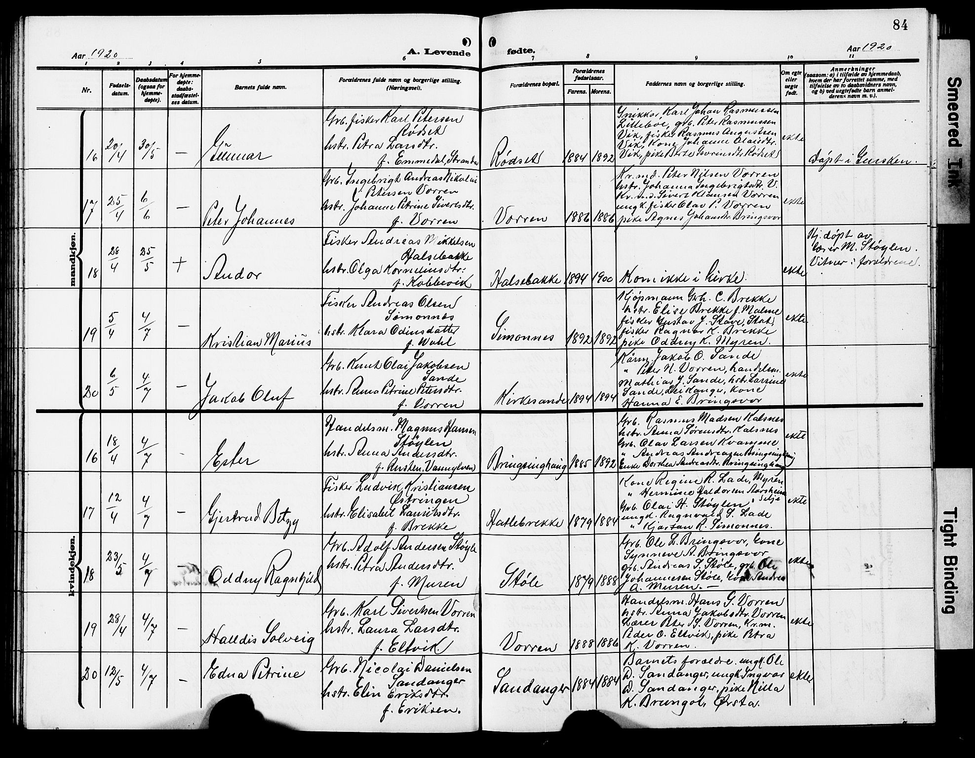 Ministerialprotokoller, klokkerbøker og fødselsregistre - Møre og Romsdal, AV/SAT-A-1454/503/L0050: Klokkerbok nr. 503C05, 1909-1922, s. 84