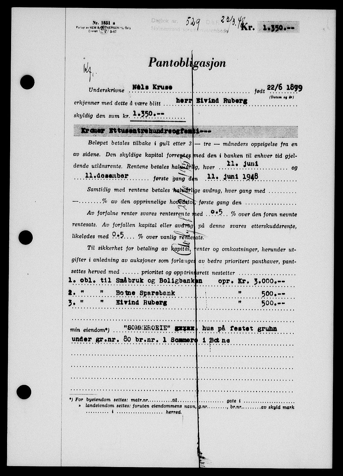 Holmestrand sorenskriveri, SAKO/A-67/G/Ga/Gab/L0058: Pantebok nr. B-58, 1947-1948, Dagboknr: 529/1948