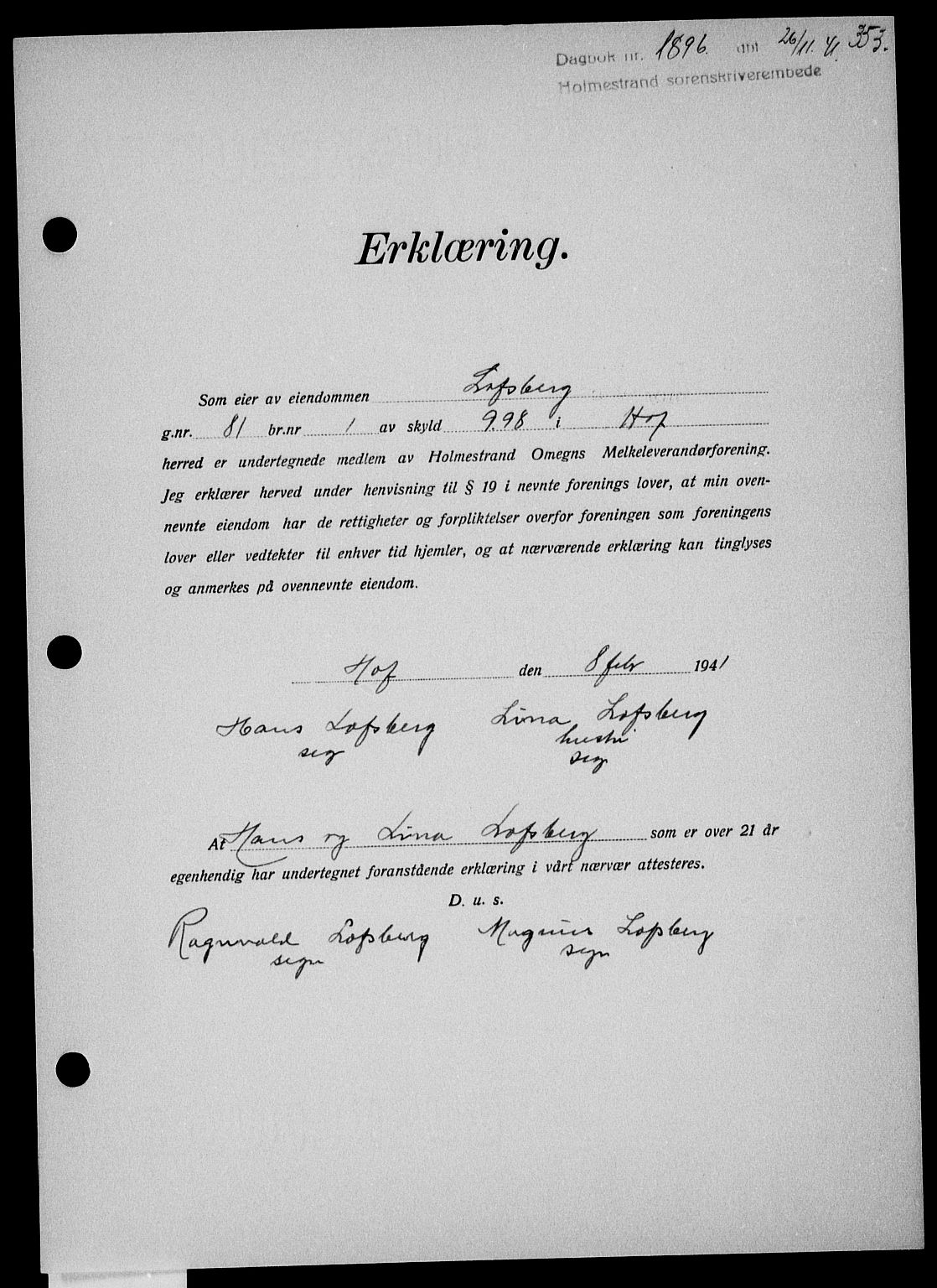 Holmestrand sorenskriveri, SAKO/A-67/G/Ga/Gaa/L0054: Pantebok nr. A-54, 1941-1942, Dagboknr: 1896/1941