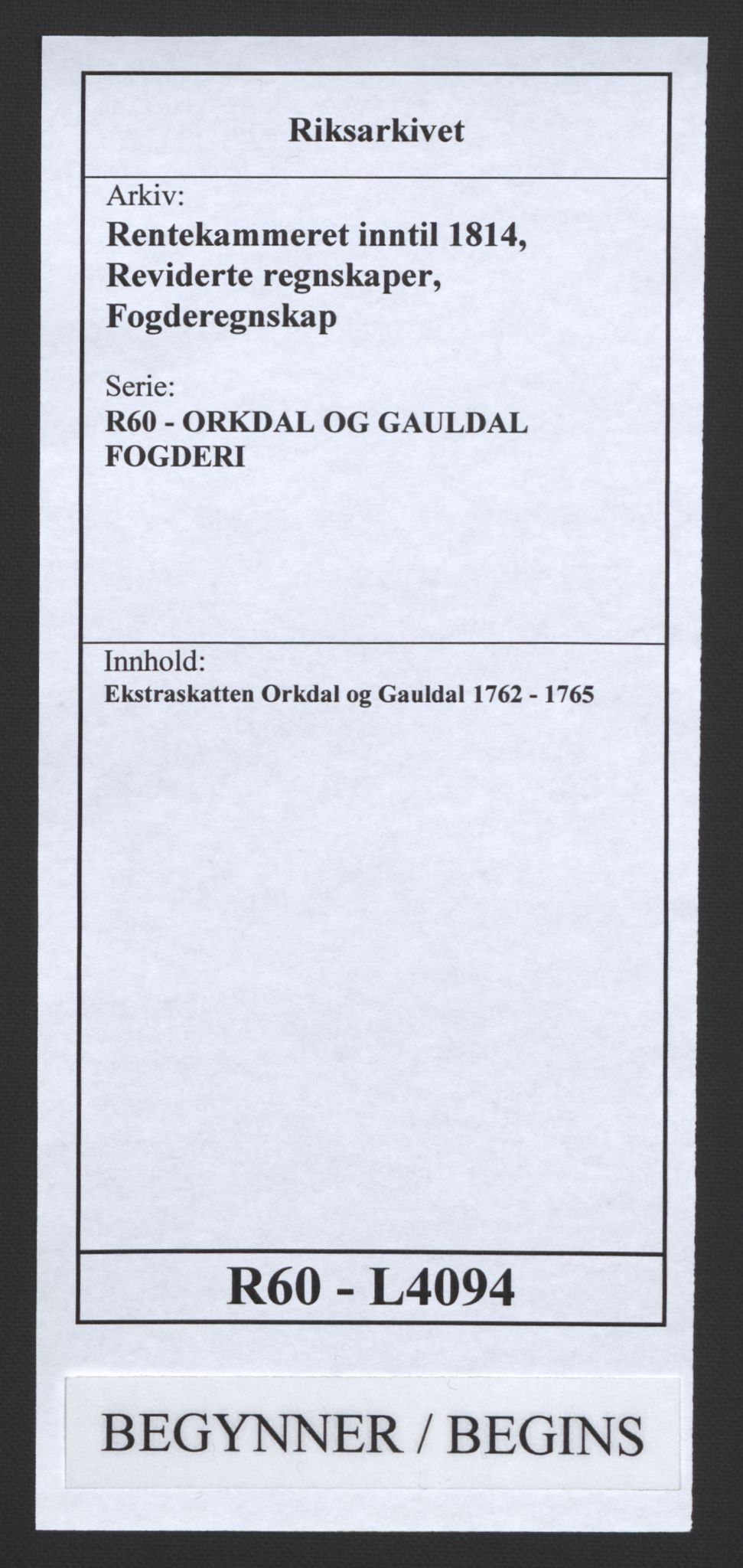 Rentekammeret inntil 1814, Reviderte regnskaper, Fogderegnskap, RA/EA-4092/R60/L4094: Ekstraskatten Orkdal og Gauldal, 1762-1765, s. 1