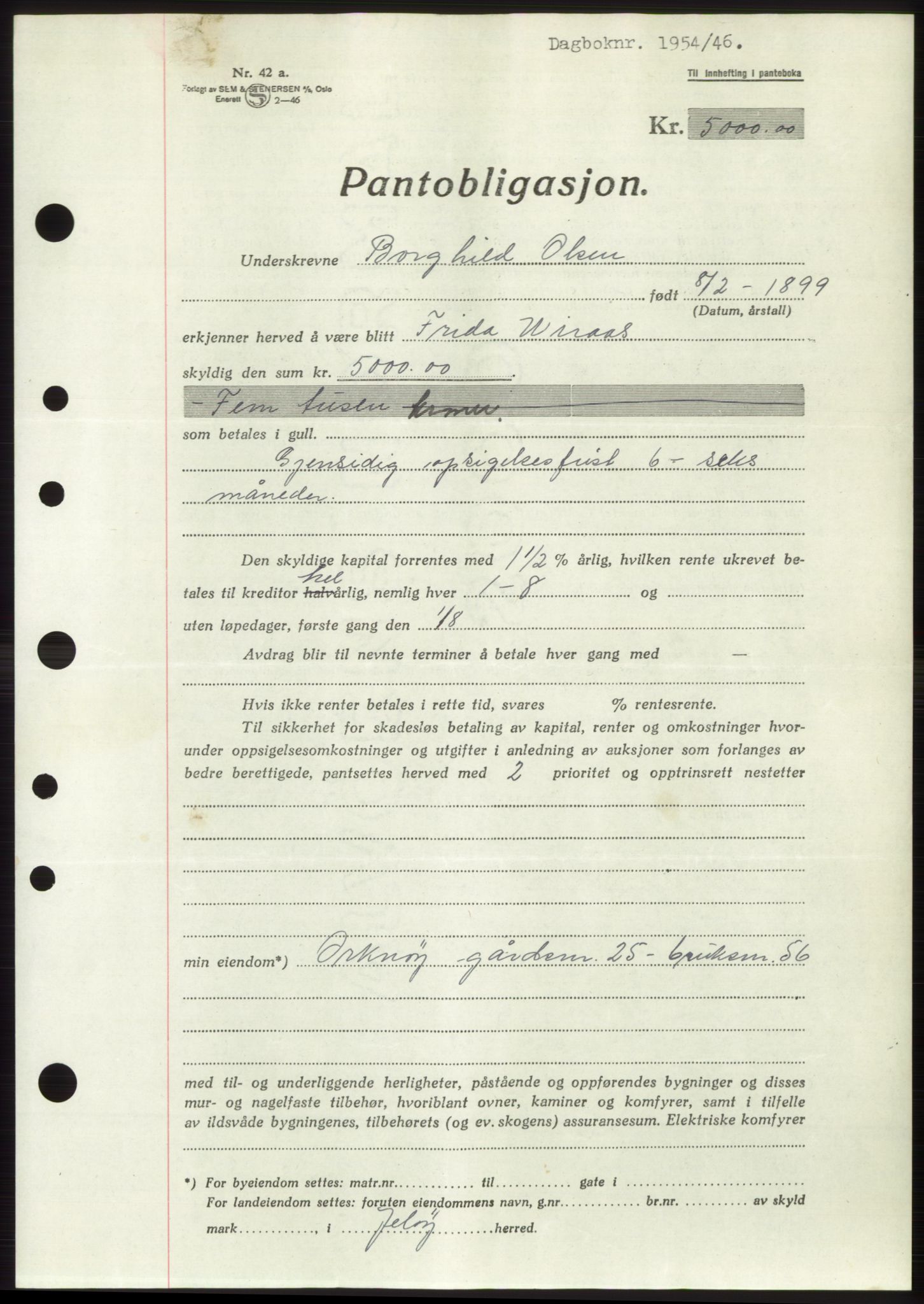 Moss sorenskriveri, SAO/A-10168: Pantebok nr. B15, 1946-1946, Dagboknr: 1954/1946