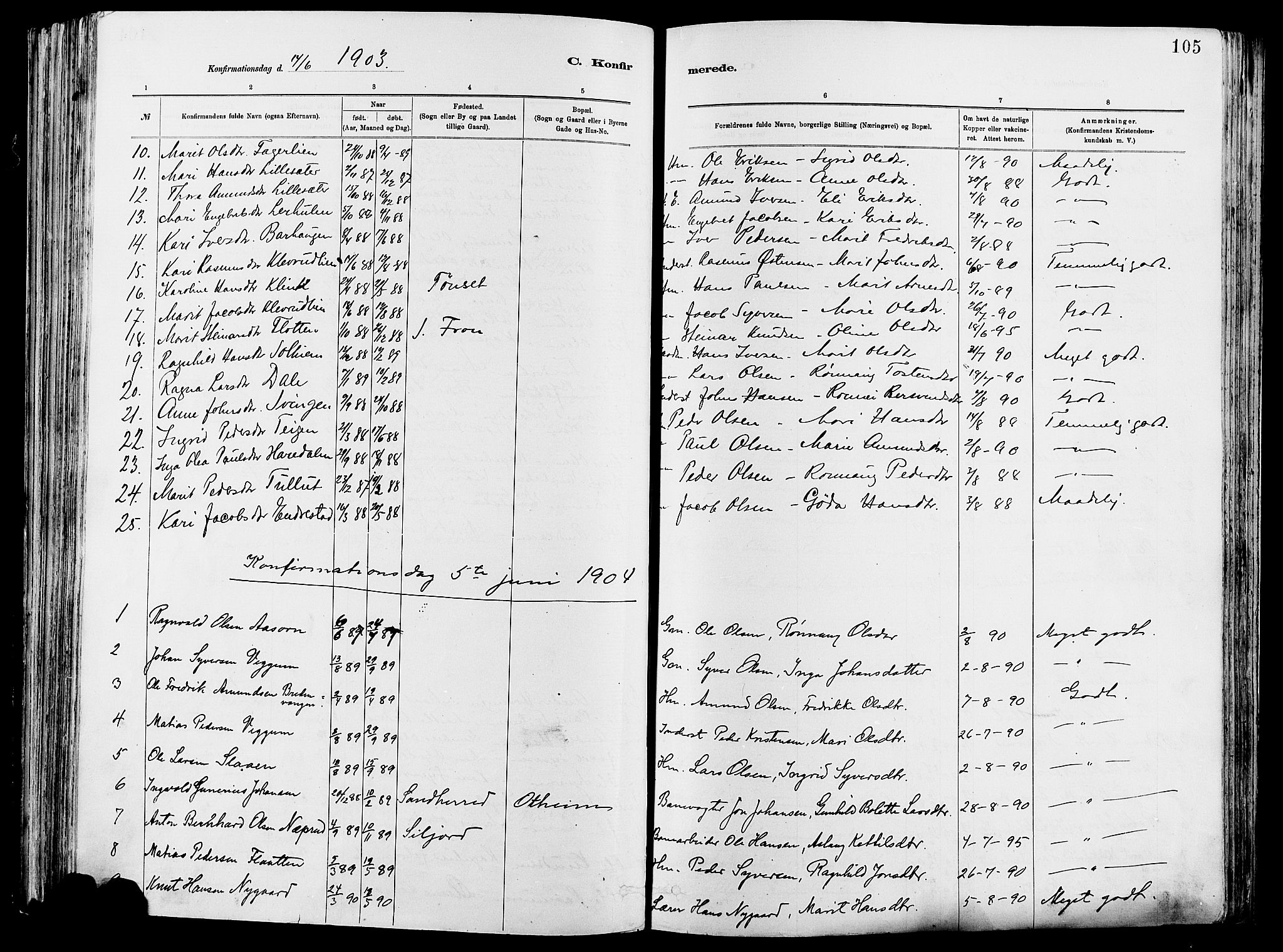 Vågå prestekontor, AV/SAH-PREST-076/H/Ha/Haa/L0008: Ministerialbok nr. 8, 1886-1904, s. 105