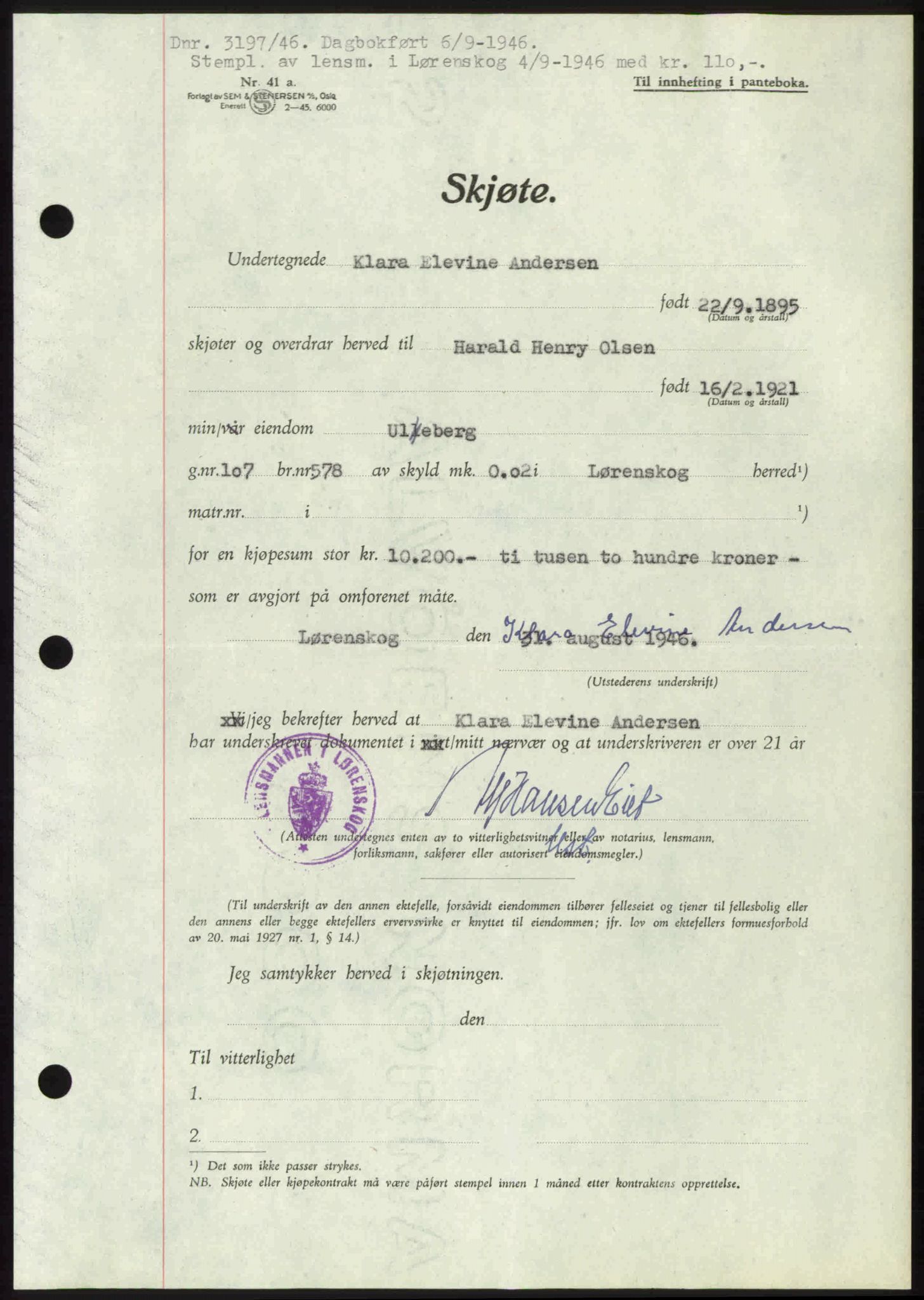 Nedre Romerike sorenskriveri, AV/SAO-A-10469/G/Gb/Gbd/L0017: Pantebok nr. 17, 1946-1946, Dagboknr: 3197/1946