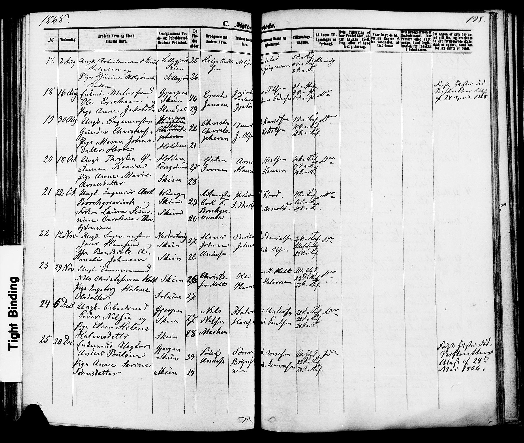 Skien kirkebøker, AV/SAKO-A-302/F/Fa/L0008: Ministerialbok nr. 8, 1866-1877, s. 198