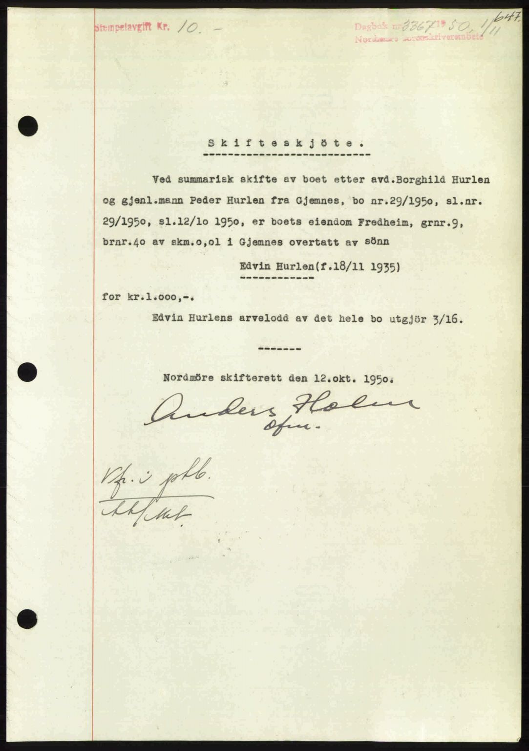 Nordmøre sorenskriveri, SAT/A-4132/1/2/2Ca: Pantebok nr. A116, 1950-1950, Dagboknr: 3367/1950