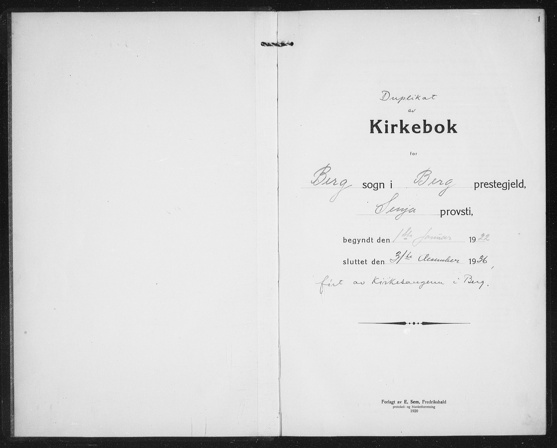 Berg sokneprestkontor, SATØ/S-1318/G/Ga/Gab/L0007klokker: Klokkerbok nr. 7, 1922-1936, s. 1