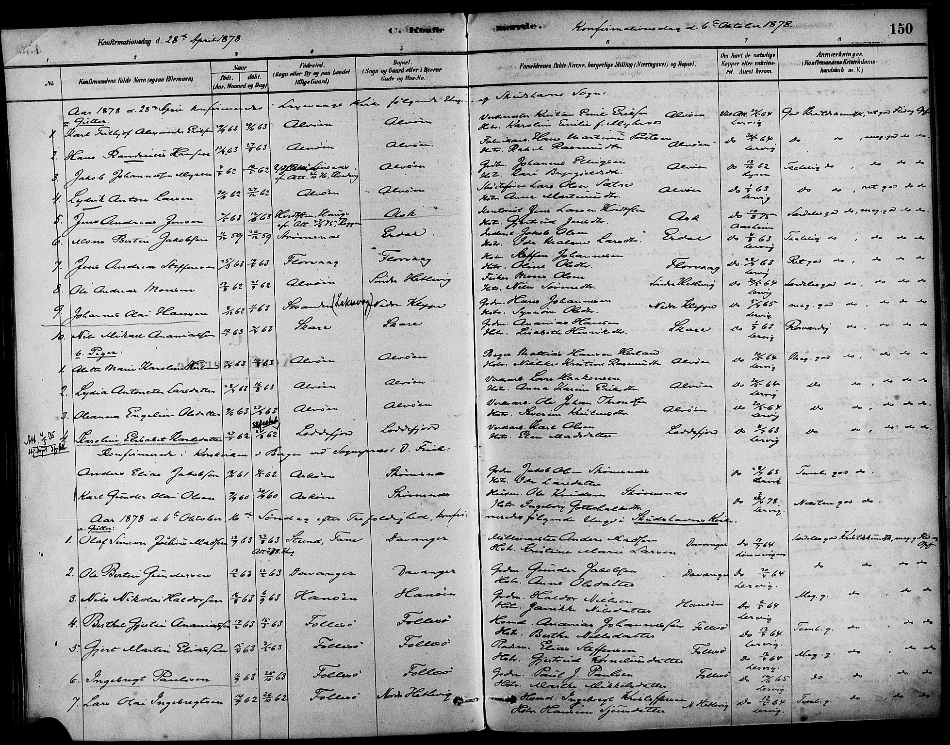 Askøy Sokneprestembete, AV/SAB-A-74101/H/Ha/Haa/Haab/L0001: Ministerialbok nr. B 1, 1878-1889, s. 150