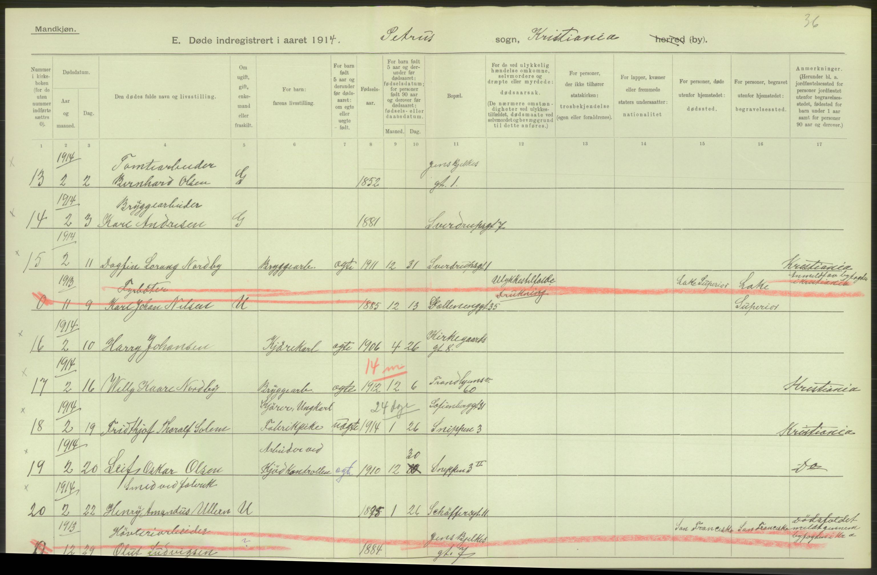 Statistisk sentralbyrå, Sosiodemografiske emner, Befolkning, AV/RA-S-2228/D/Df/Dfb/Dfbd/L0008: Kristiania: Døde, 1914, s. 350