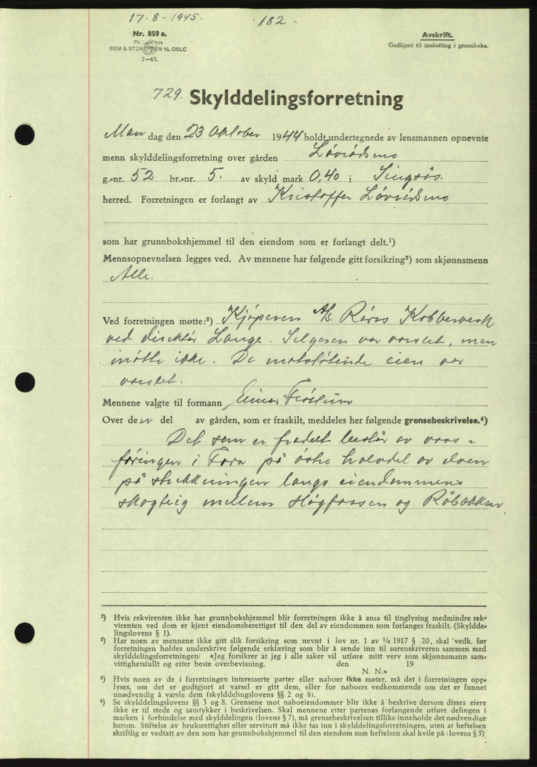 Gauldal sorenskriveri, SAT/A-0014/1/2/2C: Pantebok nr. A1a, 1945-1945, Dagboknr: 729/1945