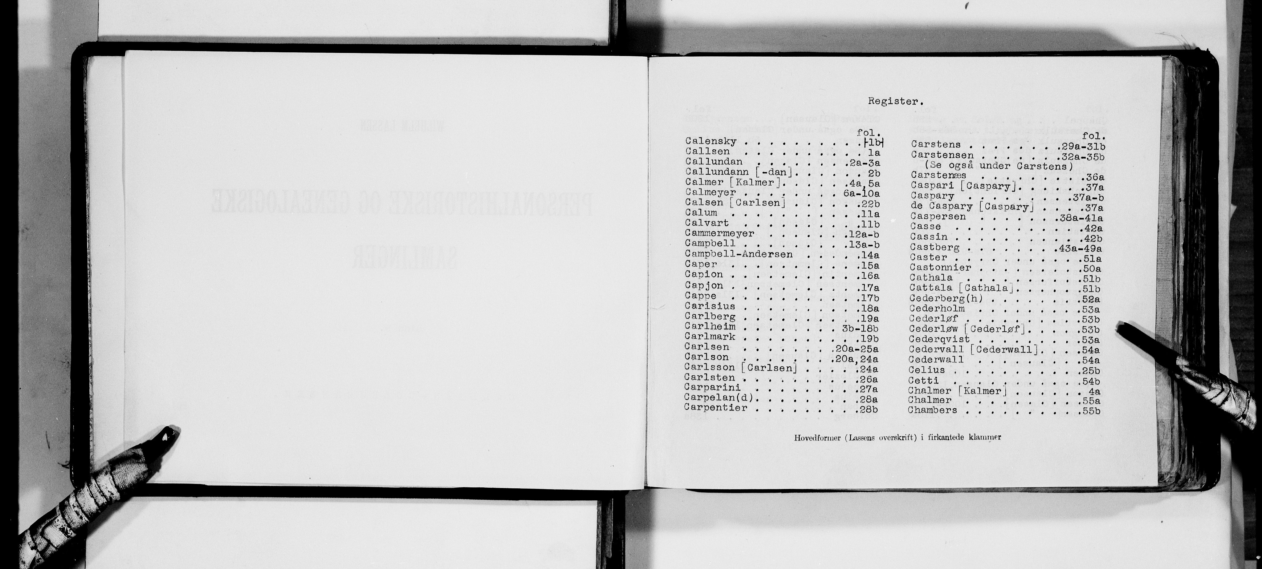 Lassens samlinger, AV/RA-PA-0051/F/Fa/L0009: Personalhistoriske og genealogiske opptegnelser: Callsen - Colbjørnsen, 1500-1907