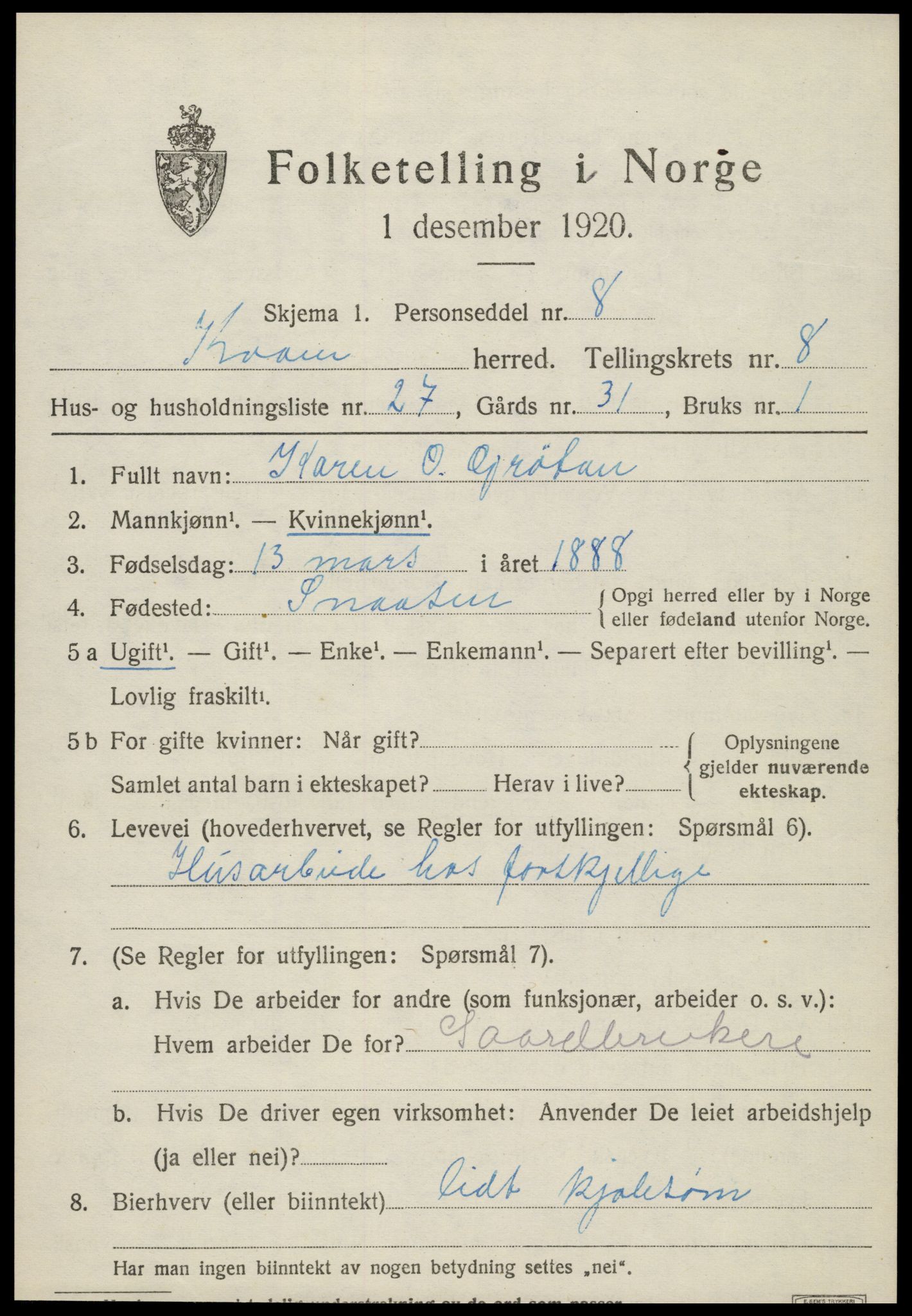 SAT, Folketelling 1920 for 1735 Kvam herred, 1920, s. 2293