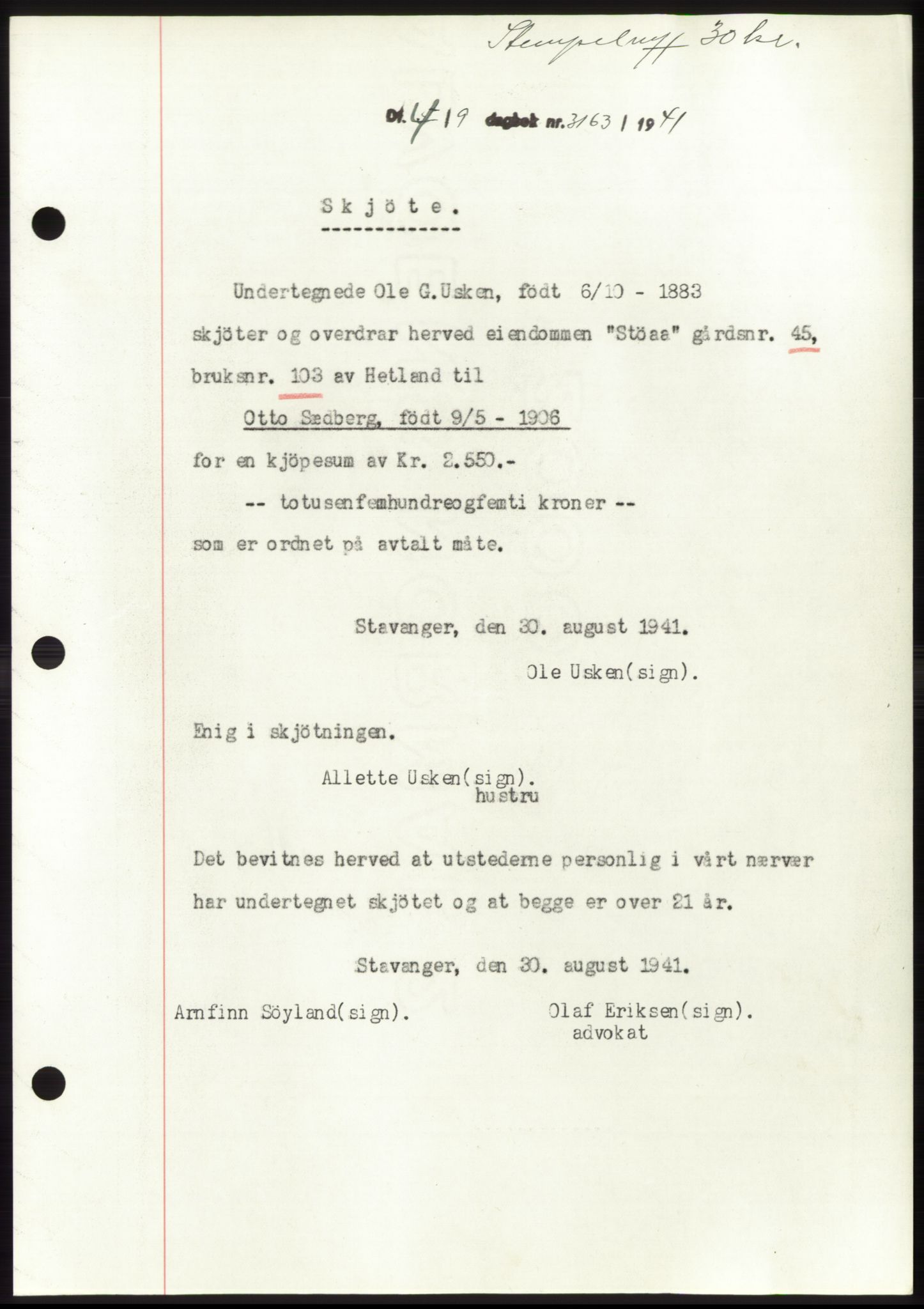 Jæren sorenskriveri, SAST/A-100310/03/G/Gba/L0081: Pantebok, 1941-1941, Dagboknr: 3163/1941