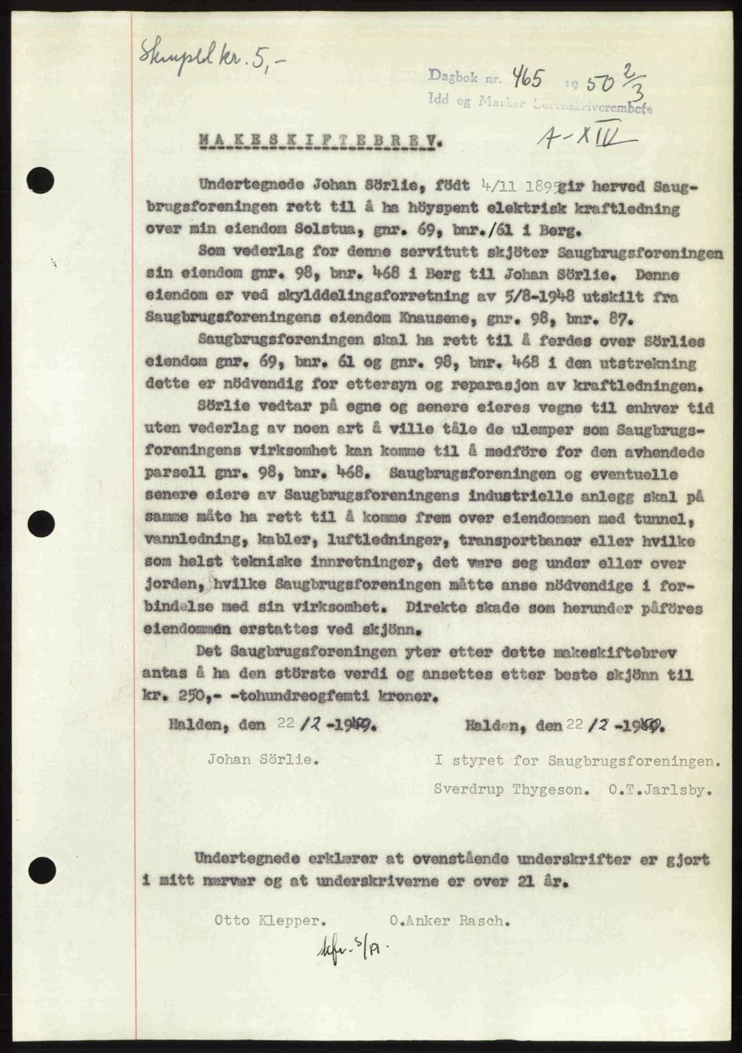 Idd og Marker sorenskriveri, AV/SAO-A-10283/G/Gb/Gbb/L0014: Pantebok nr. A14, 1950-1950, Dagboknr: 465/1950