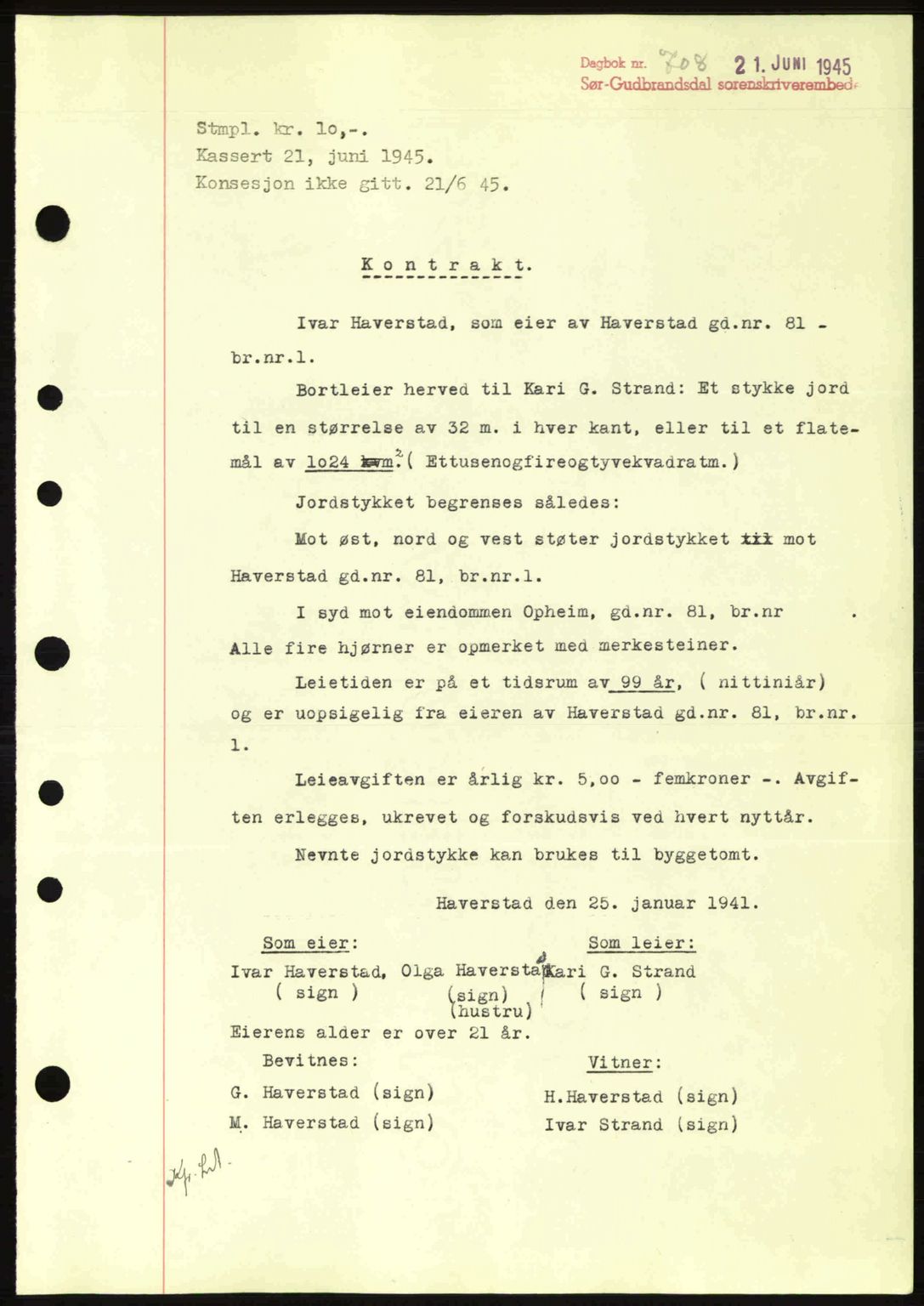 Sør-Gudbrandsdal tingrett, SAH/TING-004/H/Hb/Hbd/L0014: Pantebok nr. A14, 1944-1945, Dagboknr: 708/1945