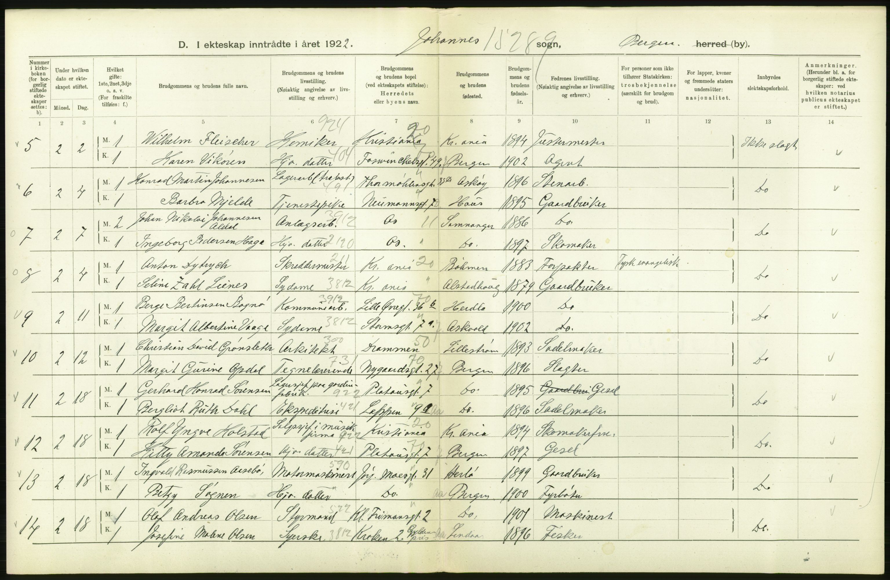 Statistisk sentralbyrå, Sosiodemografiske emner, Befolkning, AV/RA-S-2228/D/Df/Dfc/Dfcb/L0030: Bergen: Gifte, døde, dødfødte., 1922, s. 182