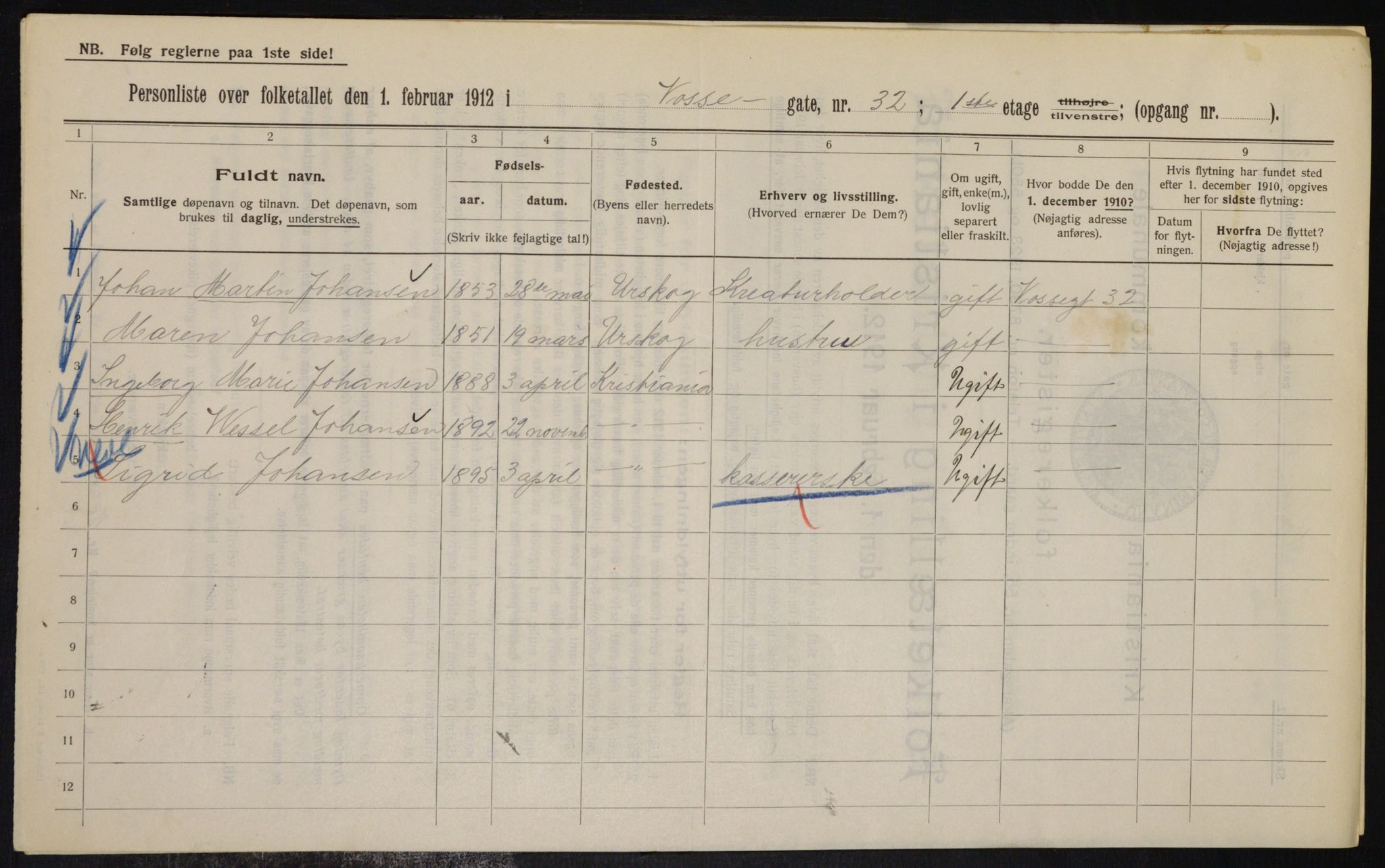 OBA, Kommunal folketelling 1.2.1912 for Kristiania, 1912, s. 125520