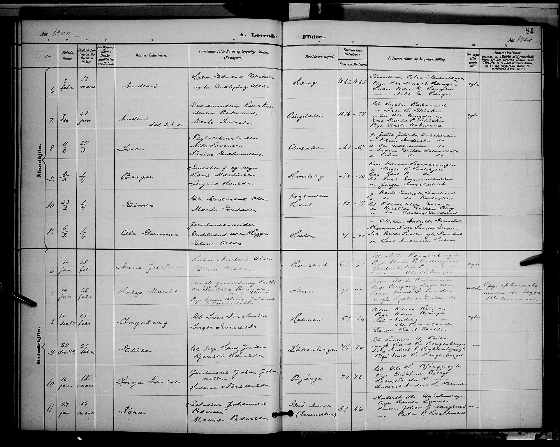 Gran prestekontor, AV/SAH-PREST-112/H/Ha/Hab/L0005: Klokkerbok nr. 5, 1892-1900, s. 84