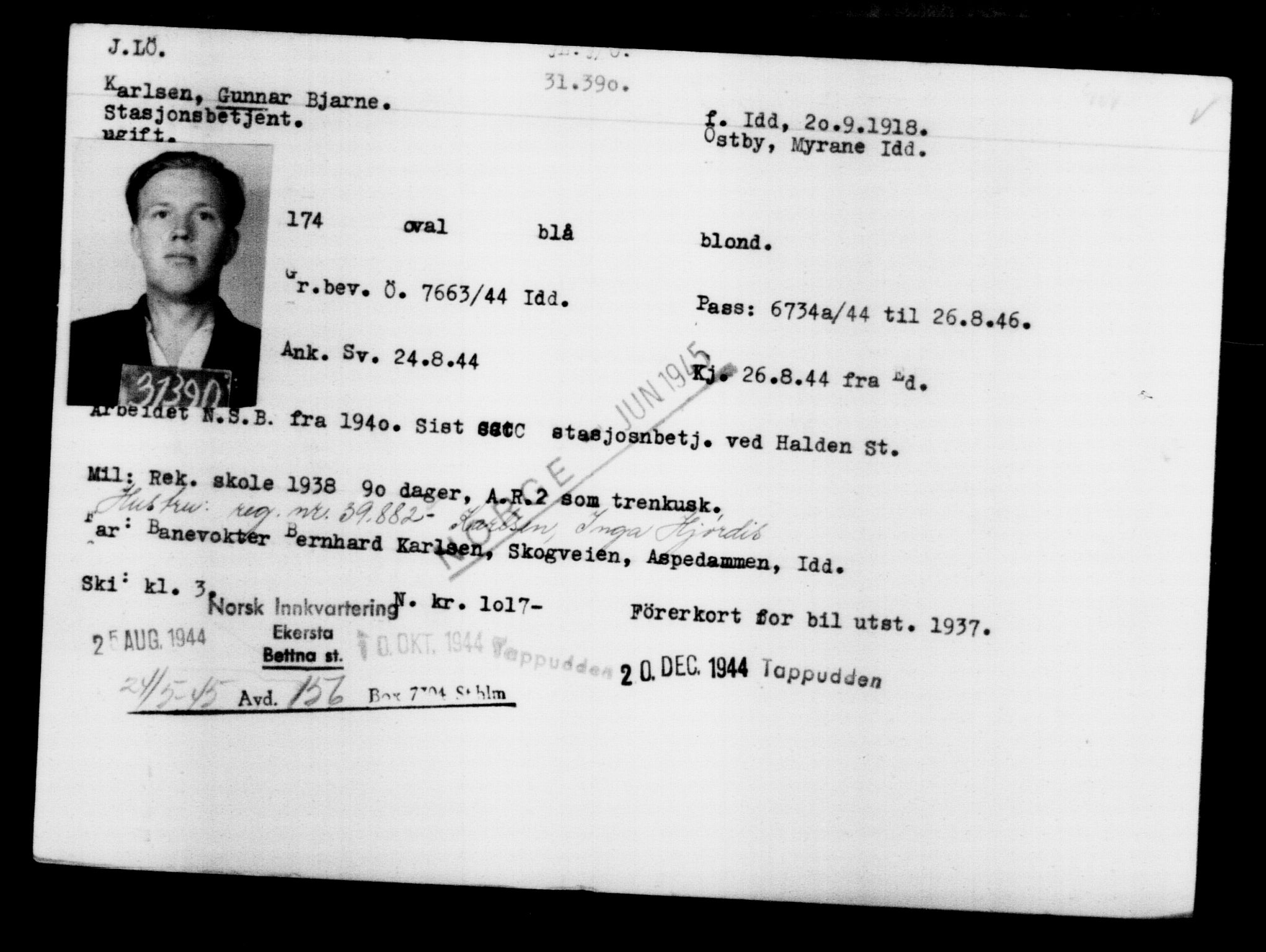 Utenriksstasjonene, Legasjonen i Stockholm, Flyktningkontoret, AV/RA-S-6753/V/Va/L0012: Kjesäterkartoteket, flyktninger med registreringsnr. 28300-31566, 1940-1945, s. 3343