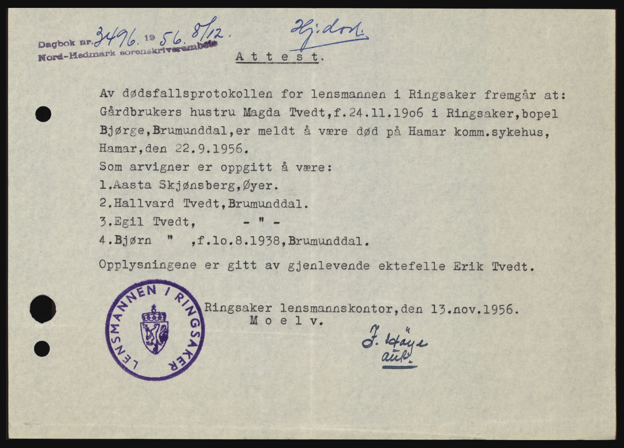 Nord-Hedmark sorenskriveri, SAH/TING-012/H/Hc/L0011: Pantebok nr. 11, 1956-1957, Dagboknr: 3496/1956