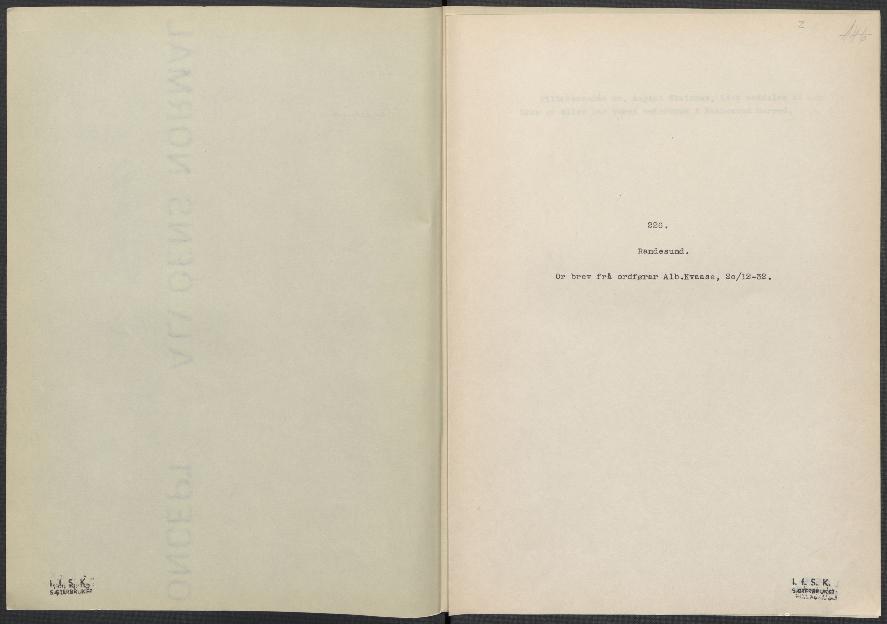 Instituttet for sammenlignende kulturforskning, AV/RA-PA-0424/F/Fc/L0008/0003: Eske B8: / Vest-Agder (perm XXI), 1932-1935, s. X