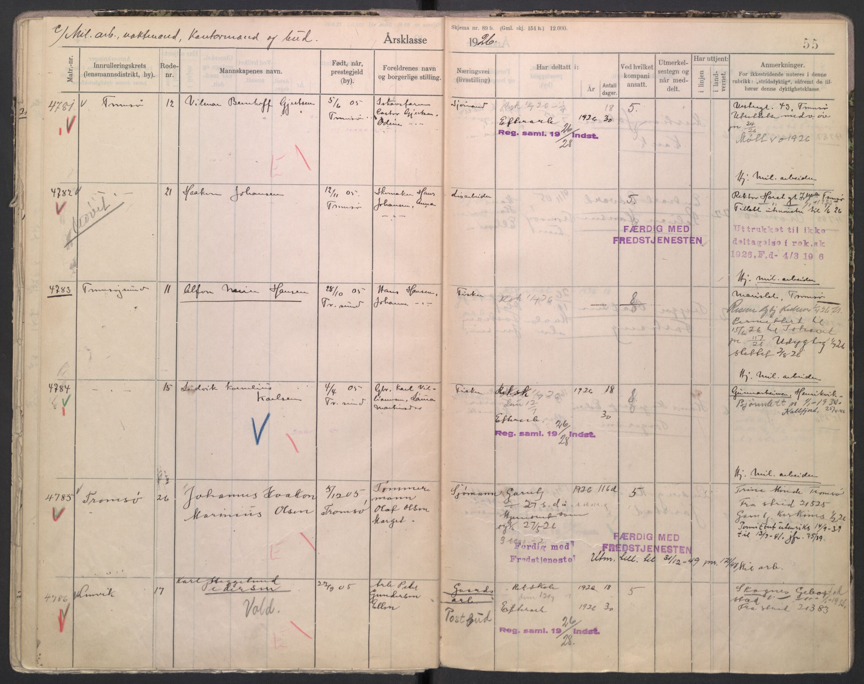 Forsvaret, Troms infanteriregiment nr. 16, AV/RA-RAFA-3146/P/Pa/L0004/0001: Ruller / Rulle for Bardu bataljons menige mannskaper, årsklasse 1926, 1926, s. 55