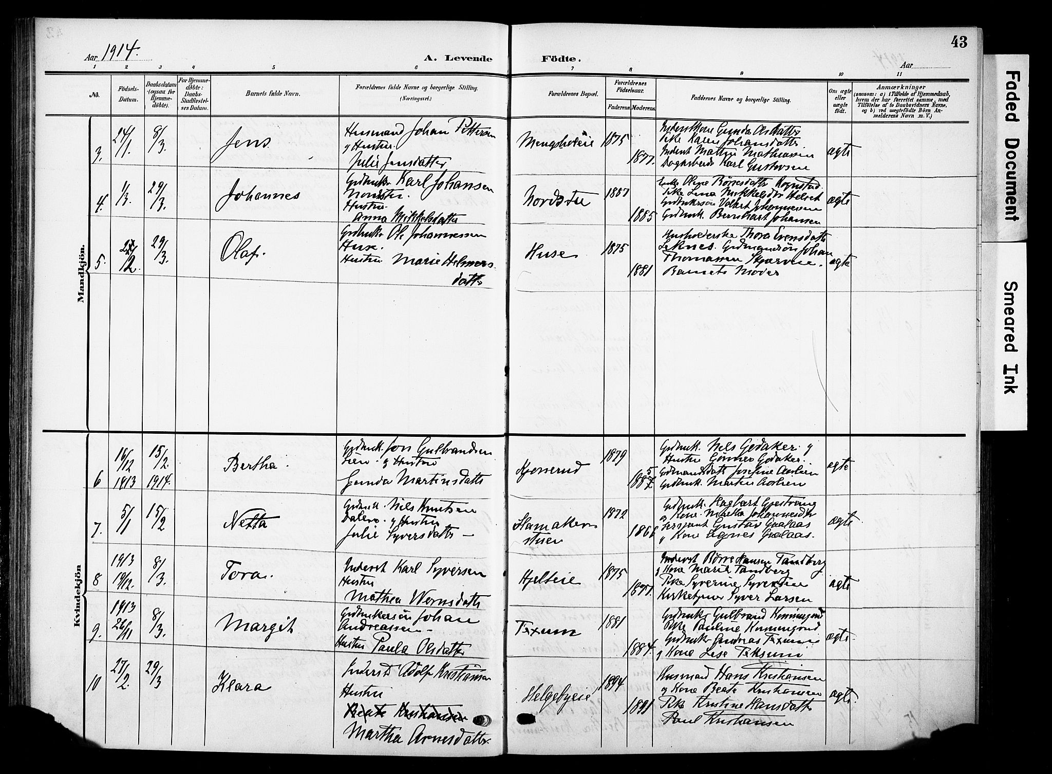 Nes prestekontor, Hedmark, AV/SAH-PREST-020/K/Ka/L0013: Ministerialbok nr. 13, 1906-1924, s. 43