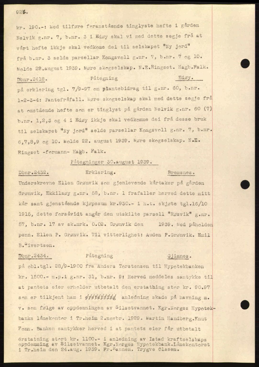 Nordmøre sorenskriveri, SAT/A-4132/1/2/2Ca: Pantebok nr. C80, 1936-1939, Dagboknr: 2418/1939