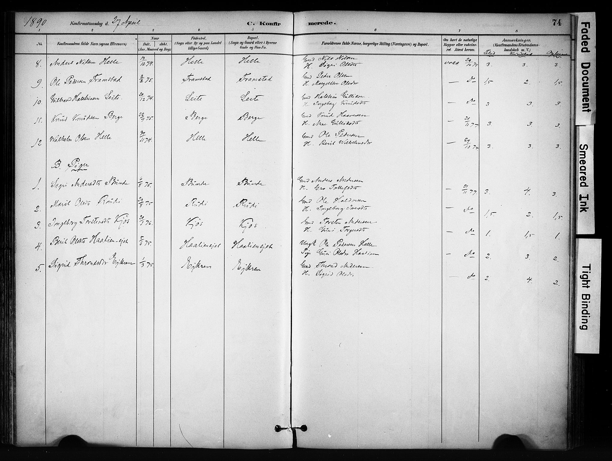 Vang prestekontor, Valdres, AV/SAH-PREST-140/H/Ha/L0009: Ministerialbok nr. 9, 1882-1914, s. 74