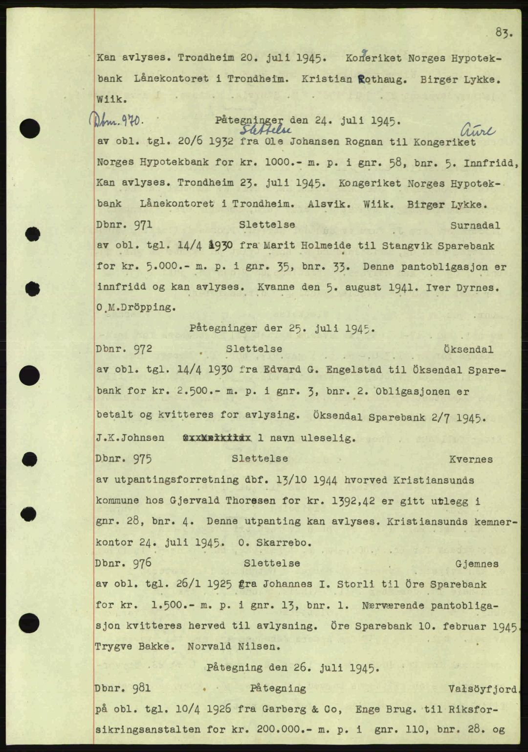 Nordmøre sorenskriveri, AV/SAT-A-4132/1/2/2Ca: Pantebok nr. C82a, 1945-1946, Dagboknr: 970/1945