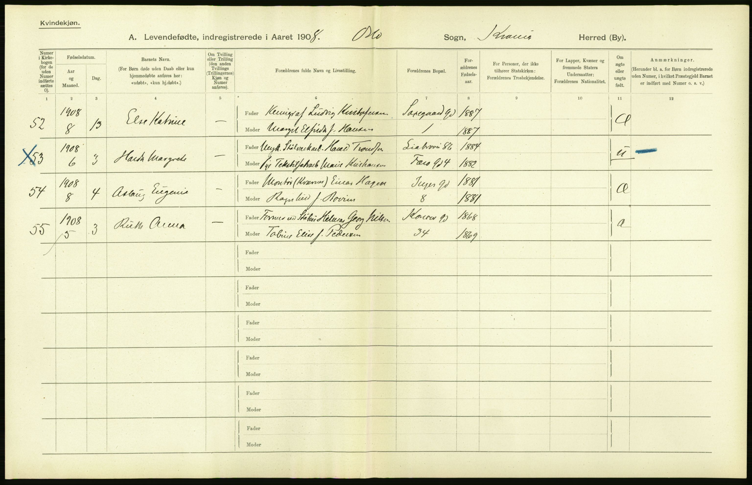 Statistisk sentralbyrå, Sosiodemografiske emner, Befolkning, AV/RA-S-2228/D/Df/Dfa/Dfaf/L0005: Kristiania: Levendefødte menn og kvinner., 1908, s. 60