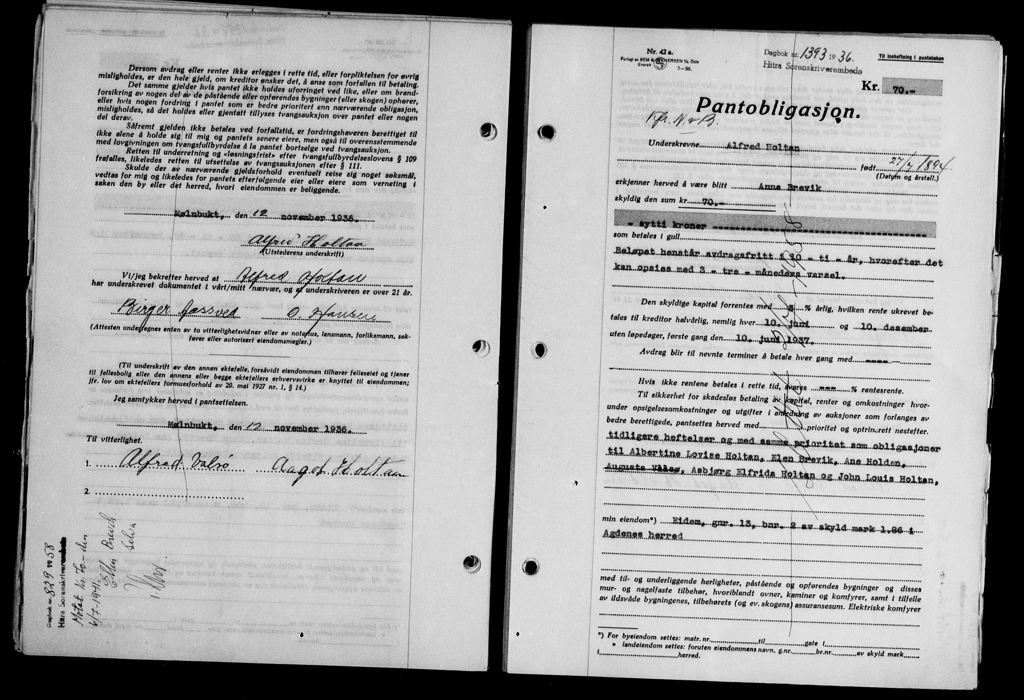 Hitra sorenskriveri, AV/SAT-A-0018/2/2C/2Ca/L0028: Pantebok nr. B-1, 1936-1939, Dagboknr: 1393/1936
