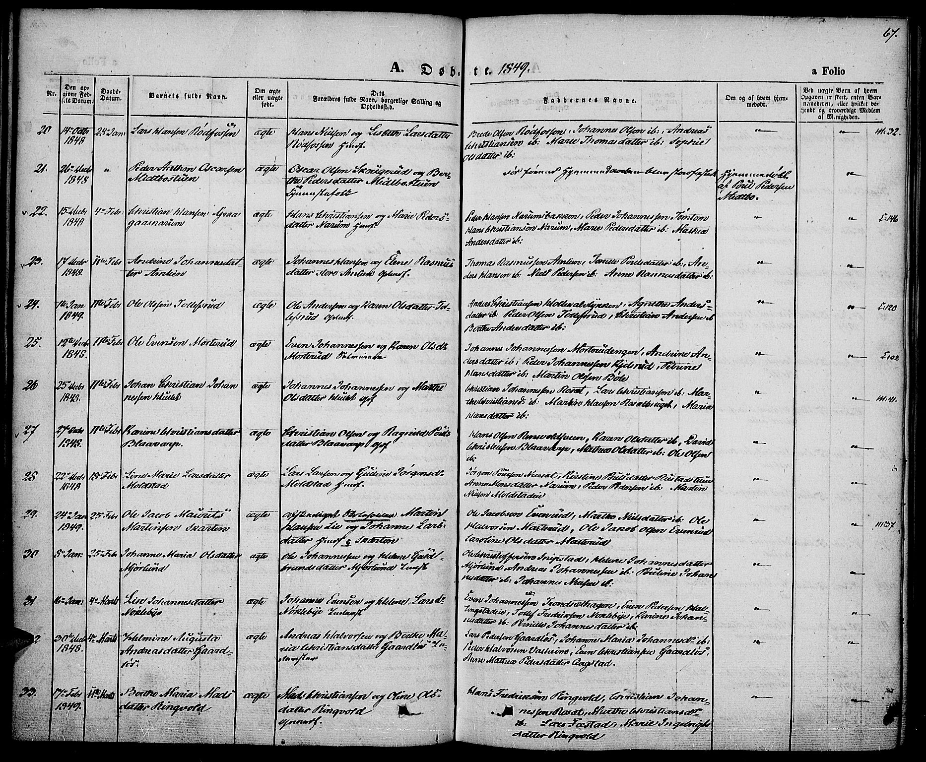 Vestre Toten prestekontor, SAH/PREST-108/H/Ha/Haa/L0004: Ministerialbok nr. 4, 1844-1849, s. 67