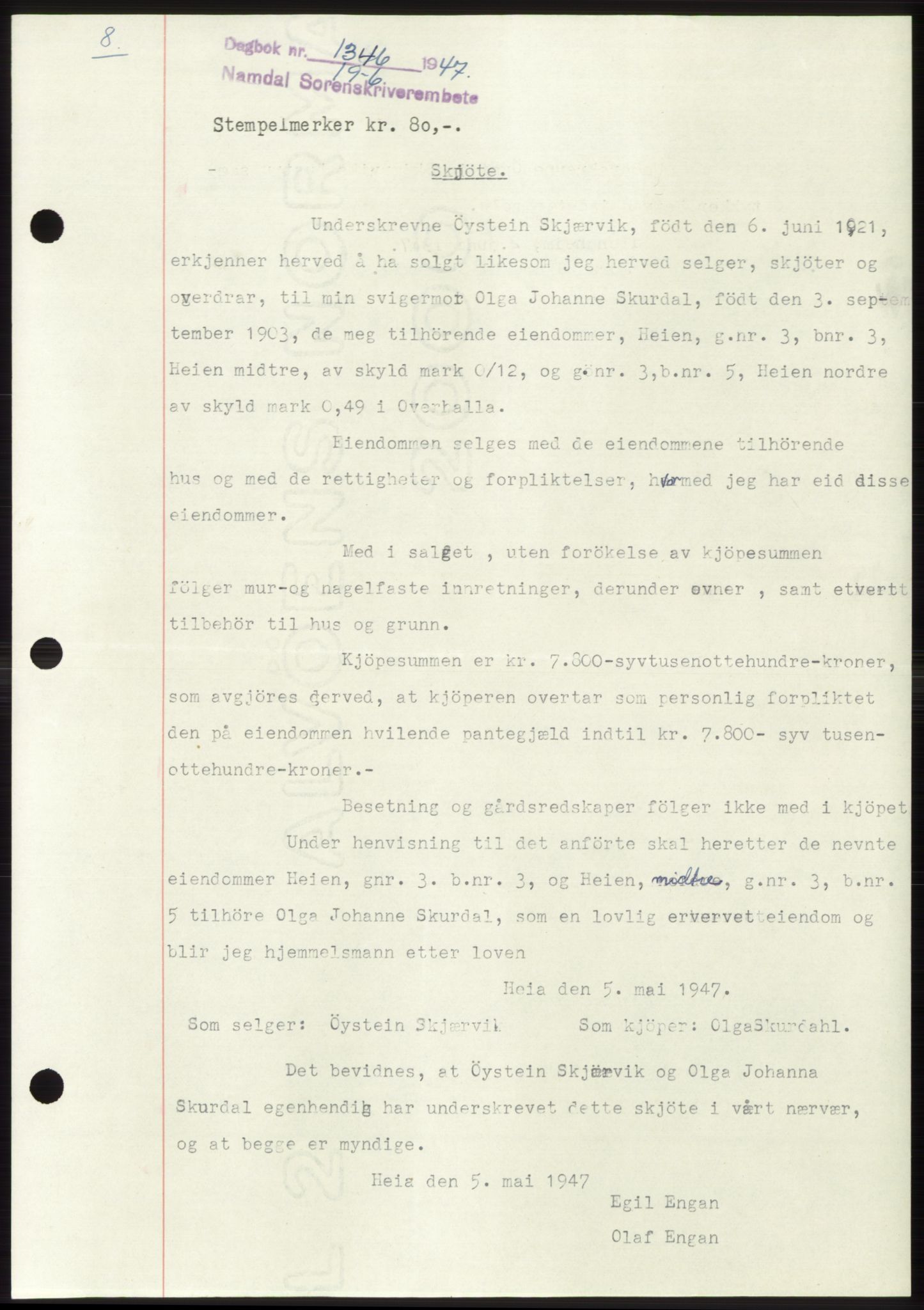 Namdal sorenskriveri, SAT/A-4133/1/2/2C: Pantebok nr. -, 1947-1947, Dagboknr: 1346/1947