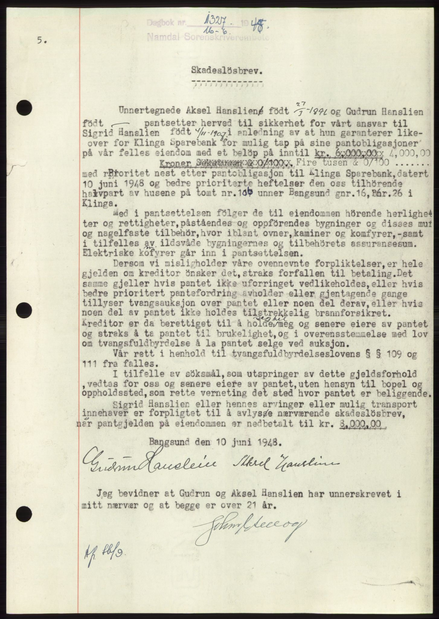 Namdal sorenskriveri, SAT/A-4133/1/2/2C: Pantebok nr. -, 1948-1948, Dagboknr: 1327/1948