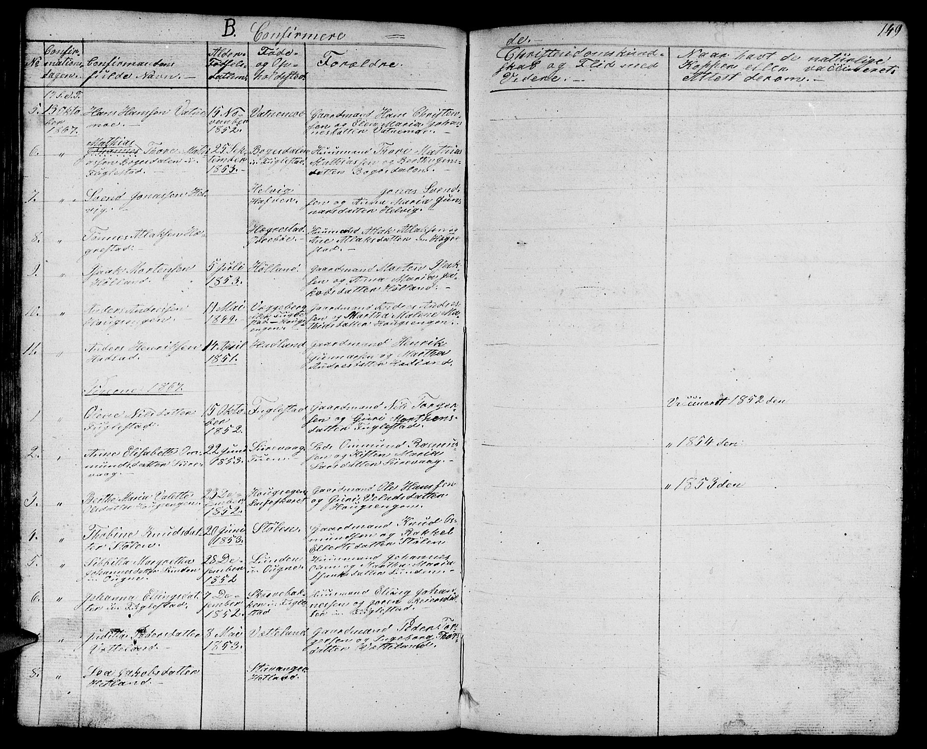 Eigersund sokneprestkontor, AV/SAST-A-101807/001/30/30BB/L0003: Klokkerbok nr. B 3, 1846-1875, s. 149