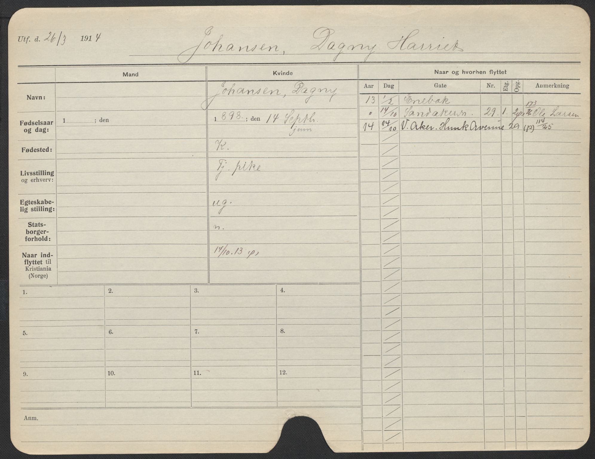 Oslo folkeregister, Registerkort, AV/SAO-A-11715/F/Fa/Fac/L0017: Kvinner, 1906-1914, s. 701a