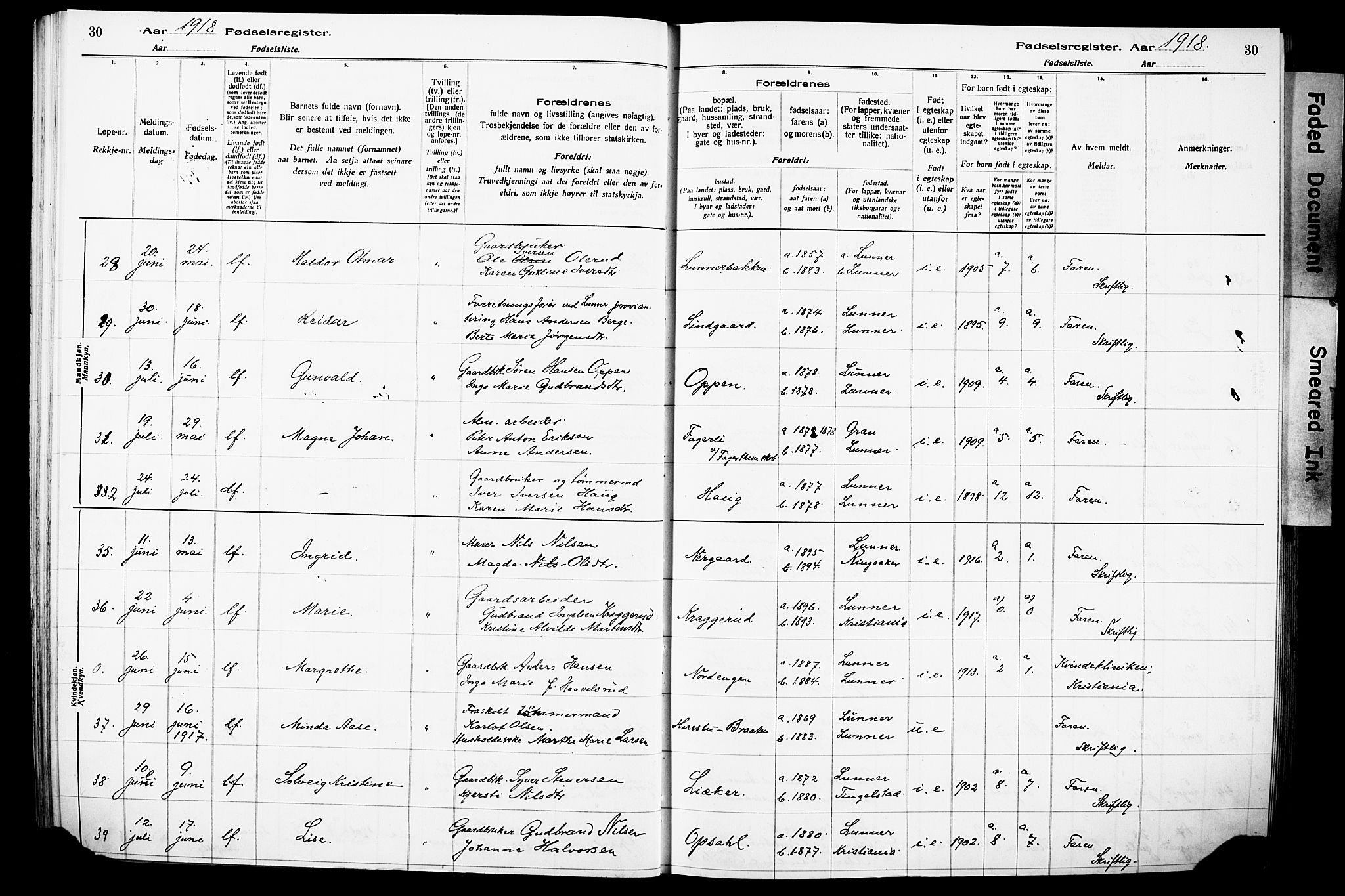 Lunner prestekontor, AV/SAH-PREST-118/I/Id/L0001: Fødselsregister nr. 1, 1916-1932, s. 30