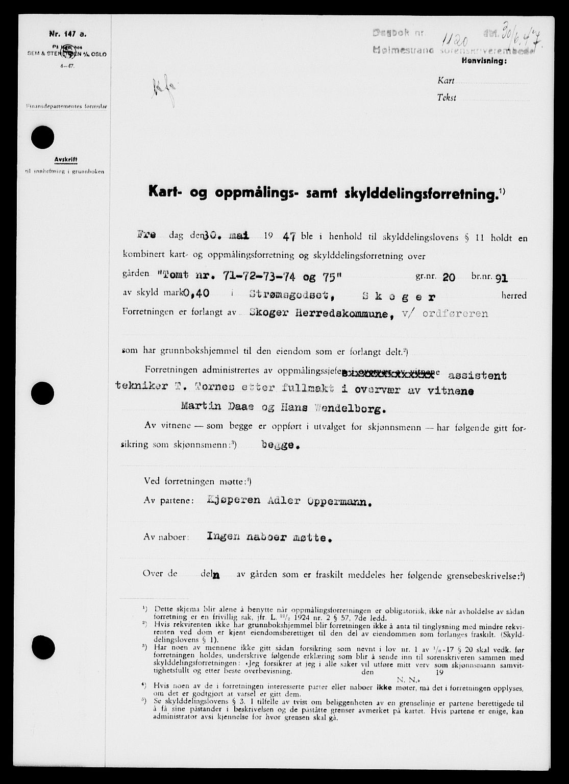 Holmestrand sorenskriveri, SAKO/A-67/G/Ga/Gaa/L0062: Pantebok nr. A-62, 1947-1947, Dagboknr: 1120/1947