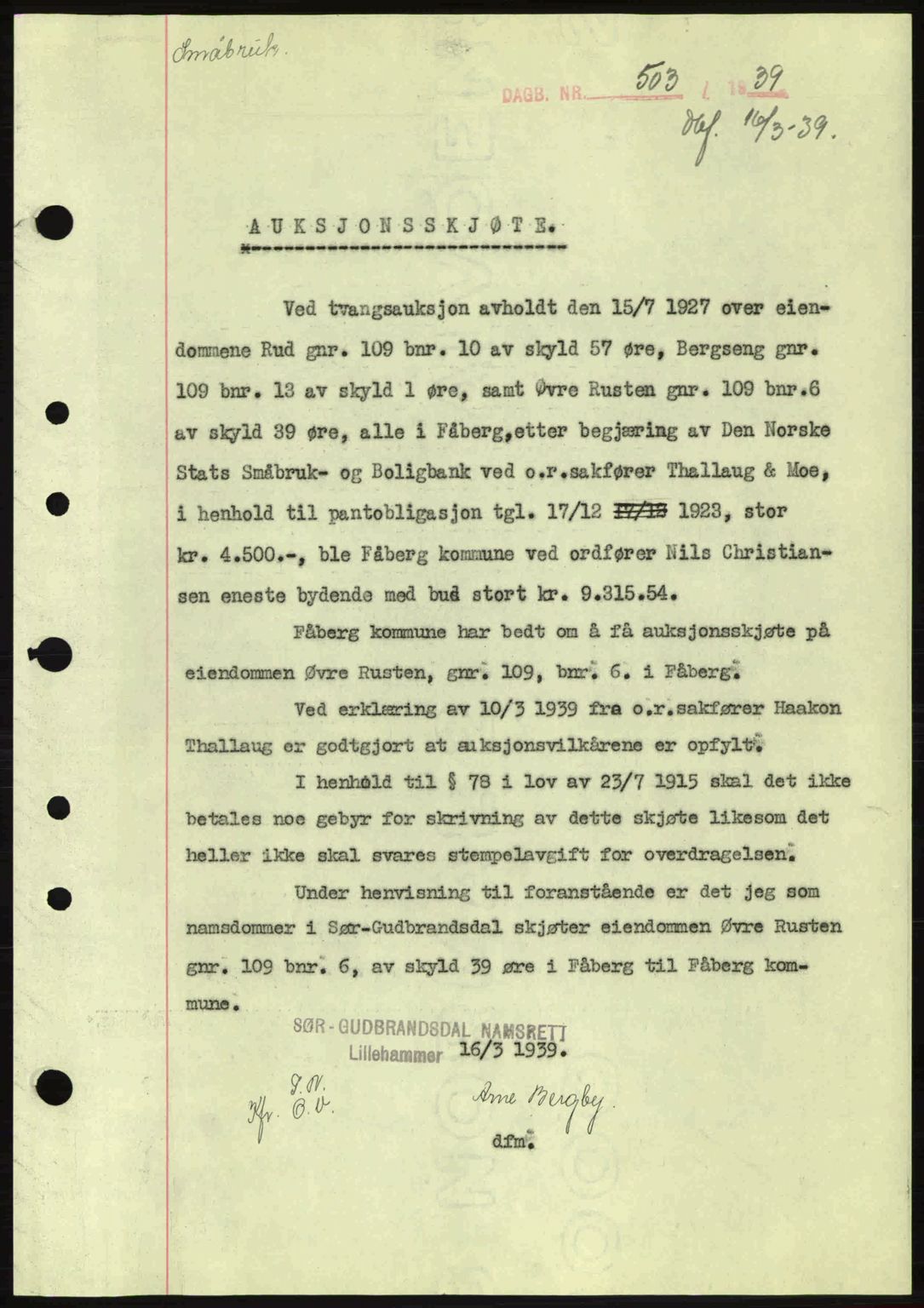 Sør-Gudbrandsdal tingrett, SAH/TING-004/H/Hb/Hbd/L0005: Pantebok nr. A5, 1938-1939, Dagboknr: 503/1939