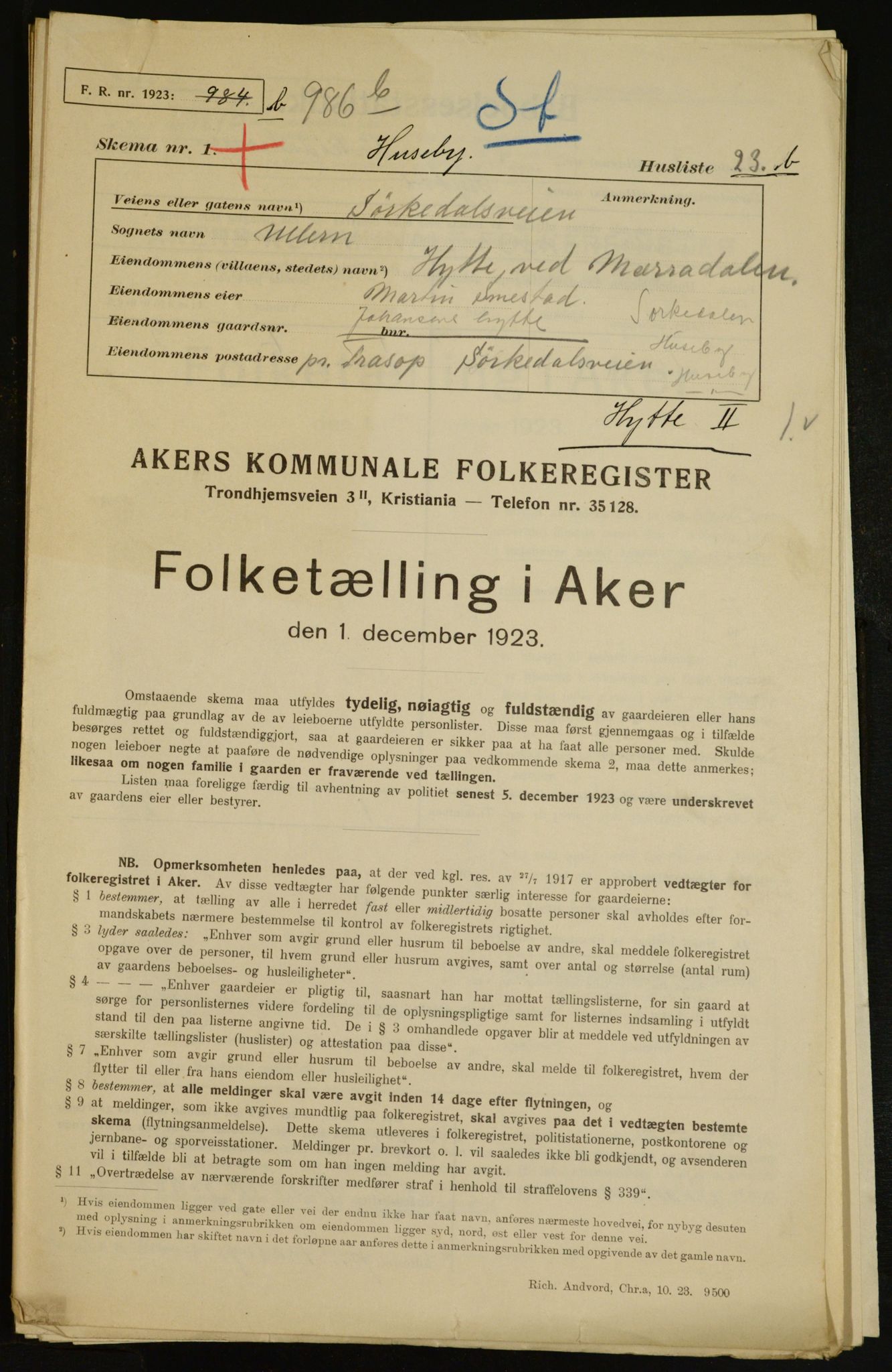 , Kommunal folketelling 1.12.1923 for Aker, 1923, s. 6052