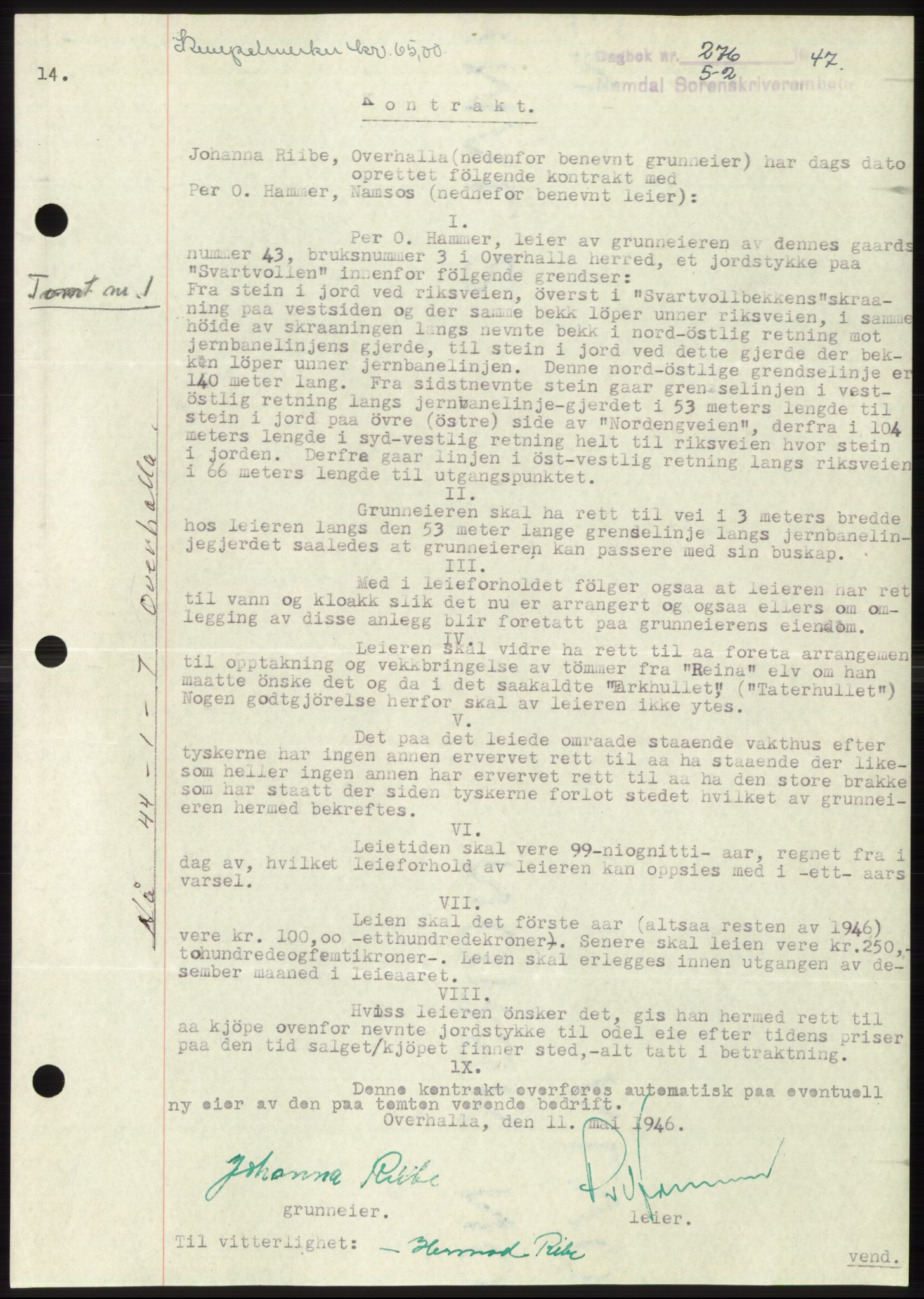 Namdal sorenskriveri, SAT/A-4133/1/2/2C: Pantebok nr. -, 1946-1947, Dagboknr: 276/1947